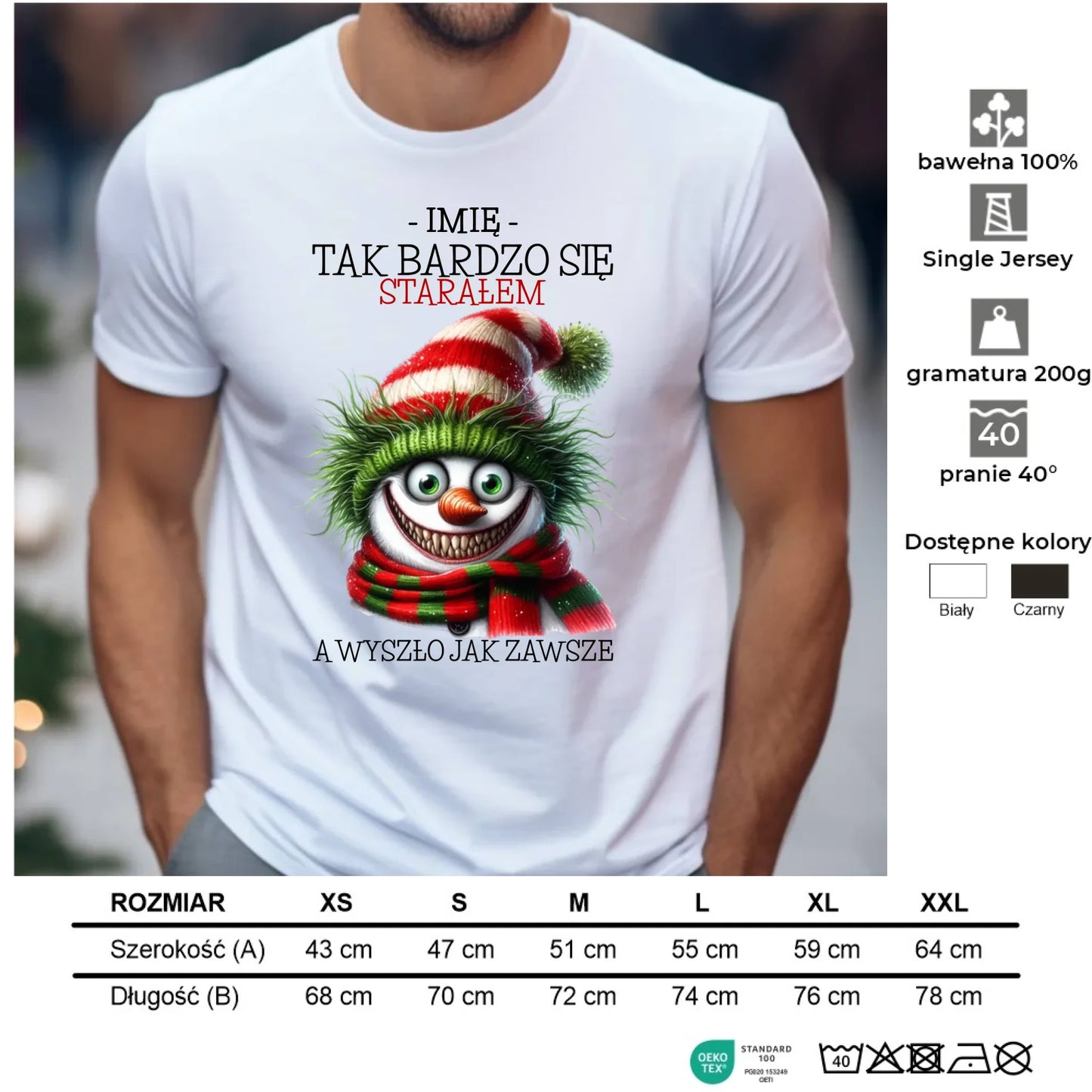 Koszulka męska świąteczna z bałwanem - Tak bardzo się starałem - personalizowana BN120 - StoryCups.pl