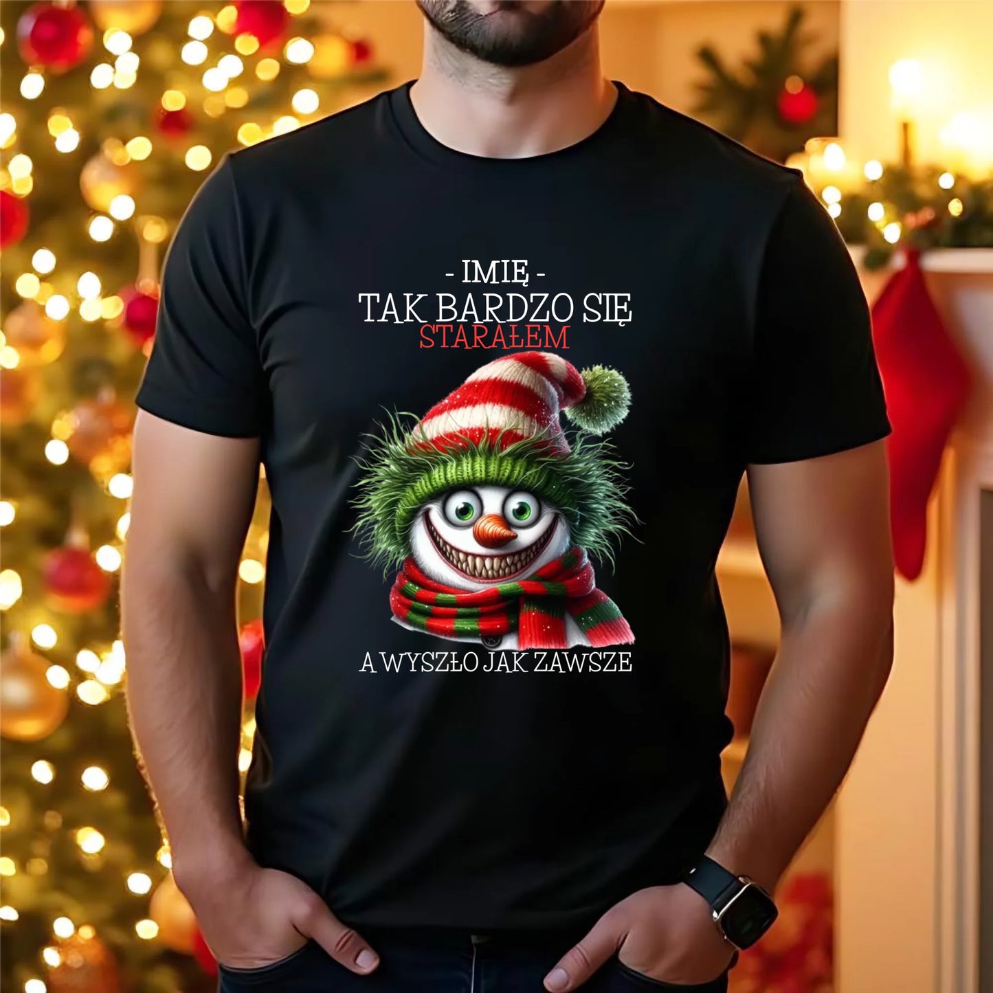 Koszulka męska świąteczna z bałwanem - Tak bardzo się starałem - personalizowana BN120 - StoryCups.pl