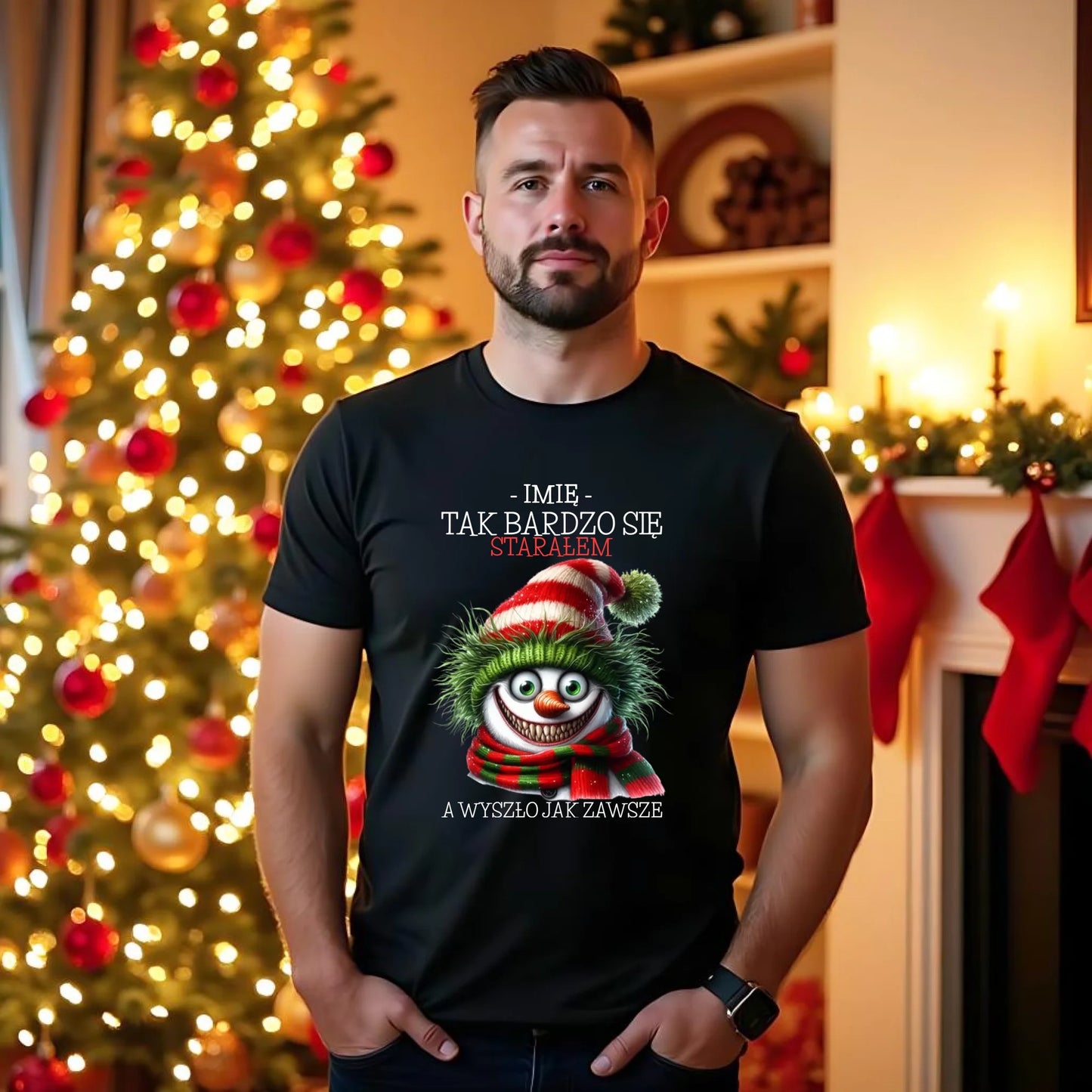 Koszulka męska świąteczna z bałwanem - Tak bardzo się starałem - personalizowana BN120 - StoryCups.pl