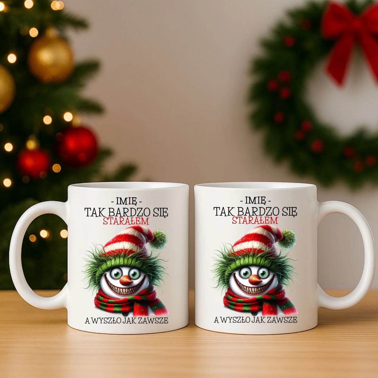 Zestaw poduszka i kubek świąteczny z bałwanem - Tak bardzo się starałem - personalizowany BN120 - StoryCups.pl