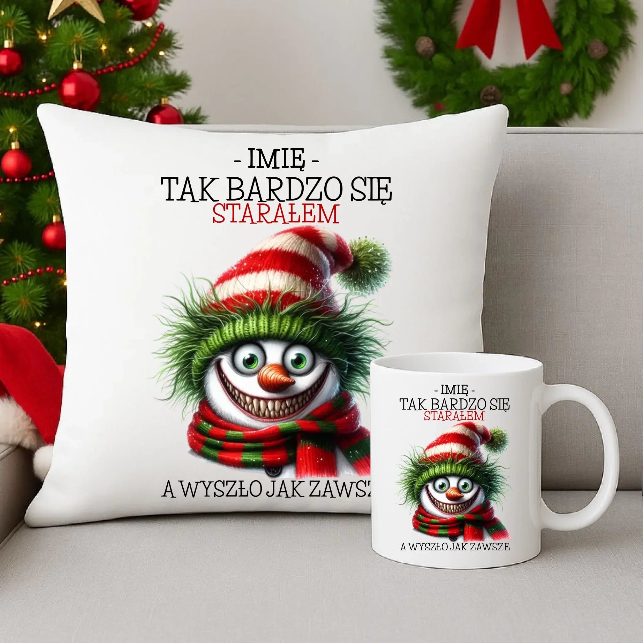 Zestaw poduszka i kubek świąteczny z bałwanem - Tak bardzo się starałem - personalizowany BN120 - StoryCups.pl