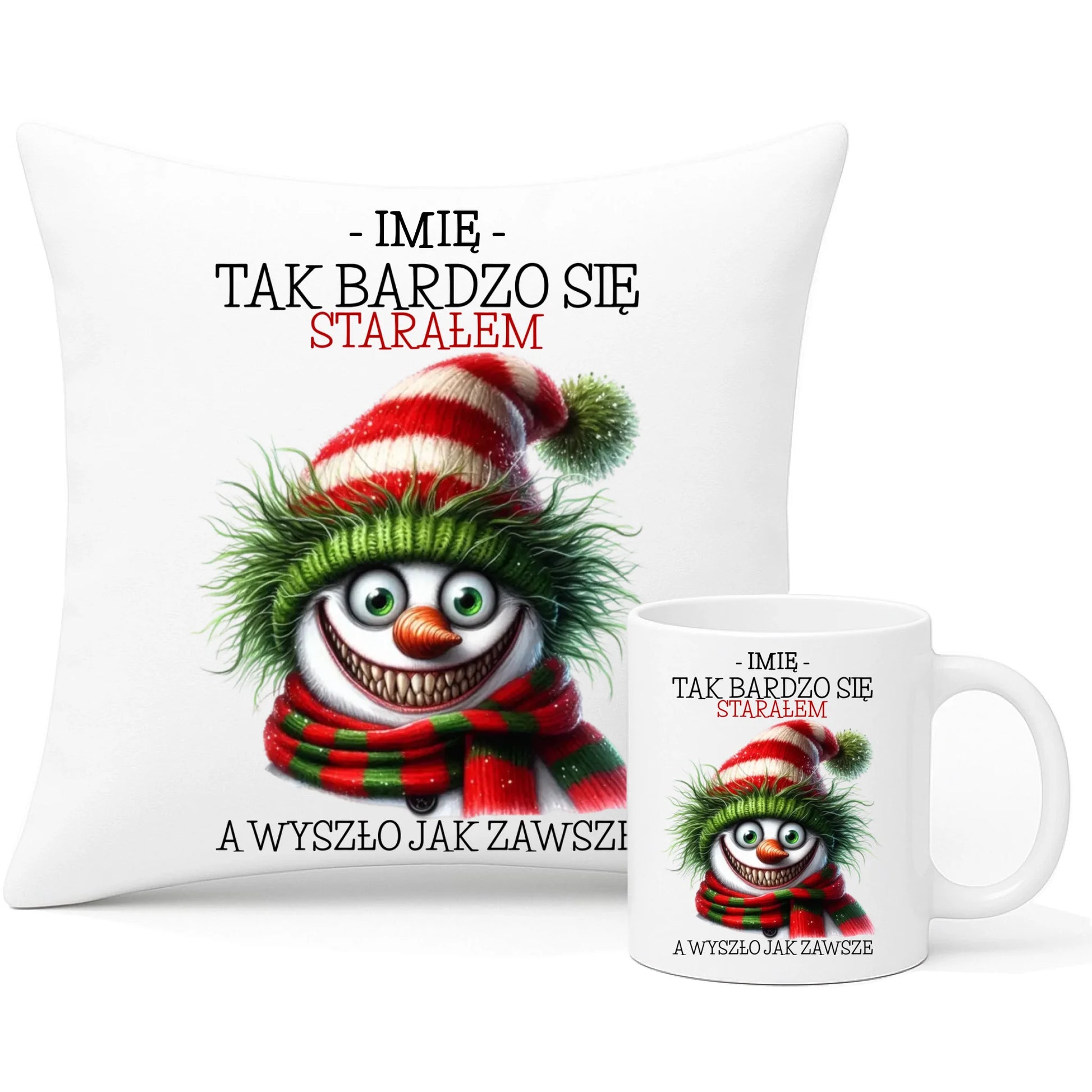 Zestaw poduszka i kubek świąteczny z bałwanem - Tak bardzo się starałem - personalizowany BN120 - StoryCups.pl