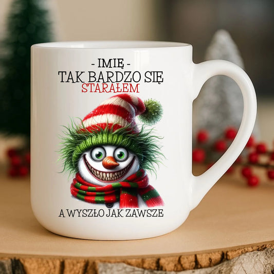 Kubek elegant świąteczny z bałwanem - Tak bardzo się starałem - personalizowany BN120 - StoryCups.pl