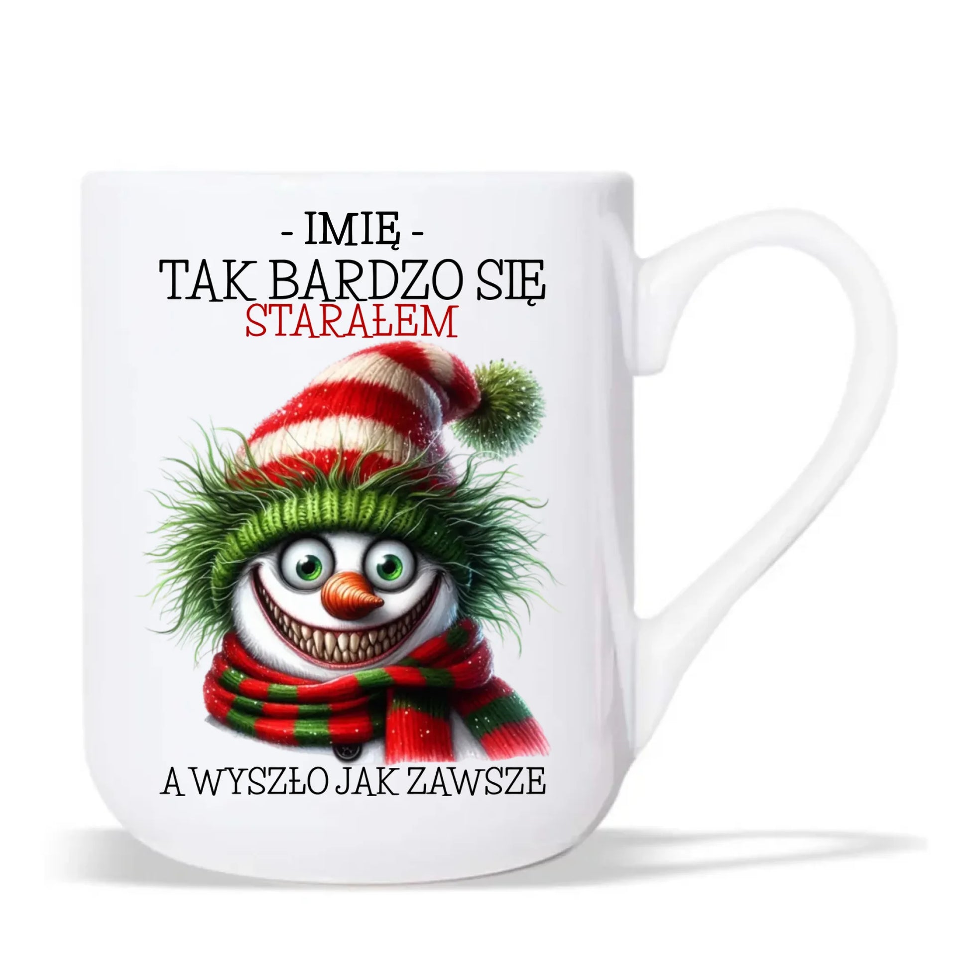 Kubek elegant świąteczny z bałwanem - Tak bardzo się starałem - personalizowany BN120 - StoryCups.pl
