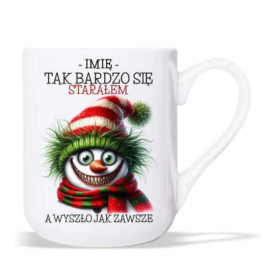 Kubek elegant świąteczny z bałwanem - Tak bardzo się starałem - personalizowany BN120 - StoryCups.pl