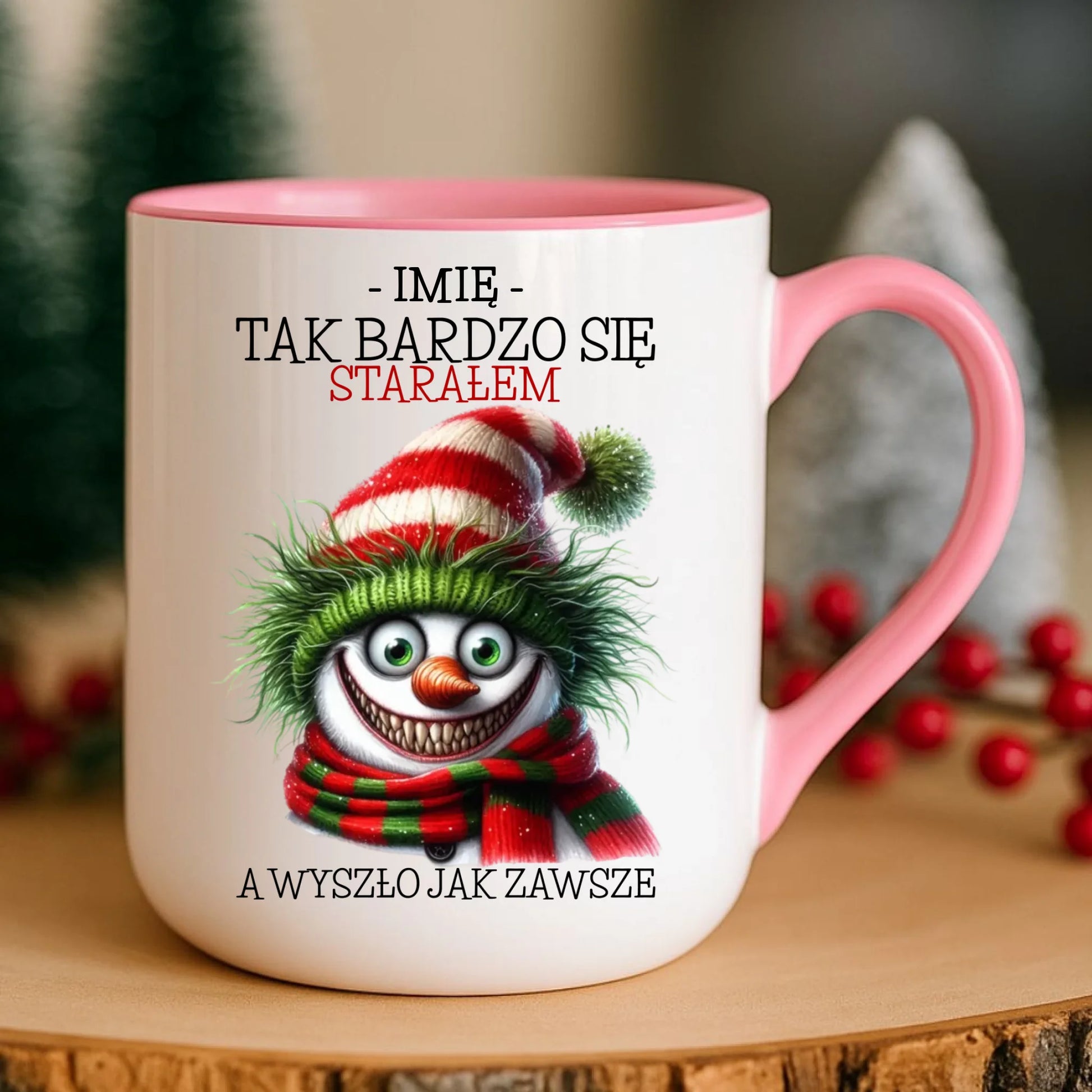 Kubek elegant świąteczny z bałwanem - Tak bardzo się starałem - personalizowany BN120 - StoryCups.pl