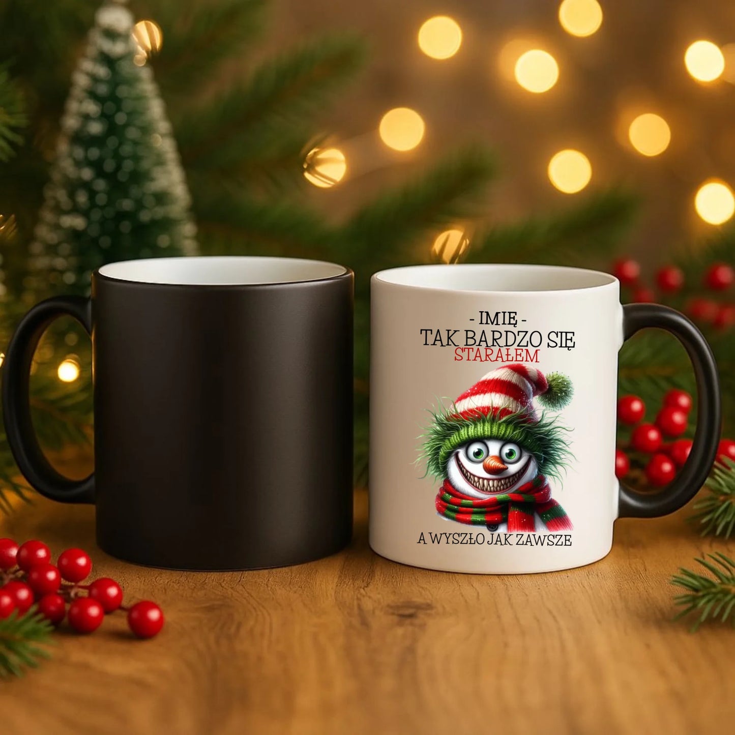Kubek magiczny świąteczny z bałwanem - Tak bardzo się starałem - personalizowany BN120 - StoryCups.pl