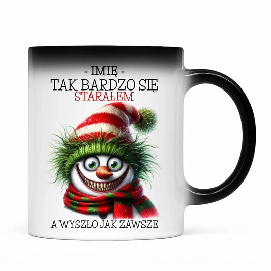 Kubek magiczny świąteczny z bałwanem - Tak bardzo się starałem - personalizowany BN120 - StoryCups.pl