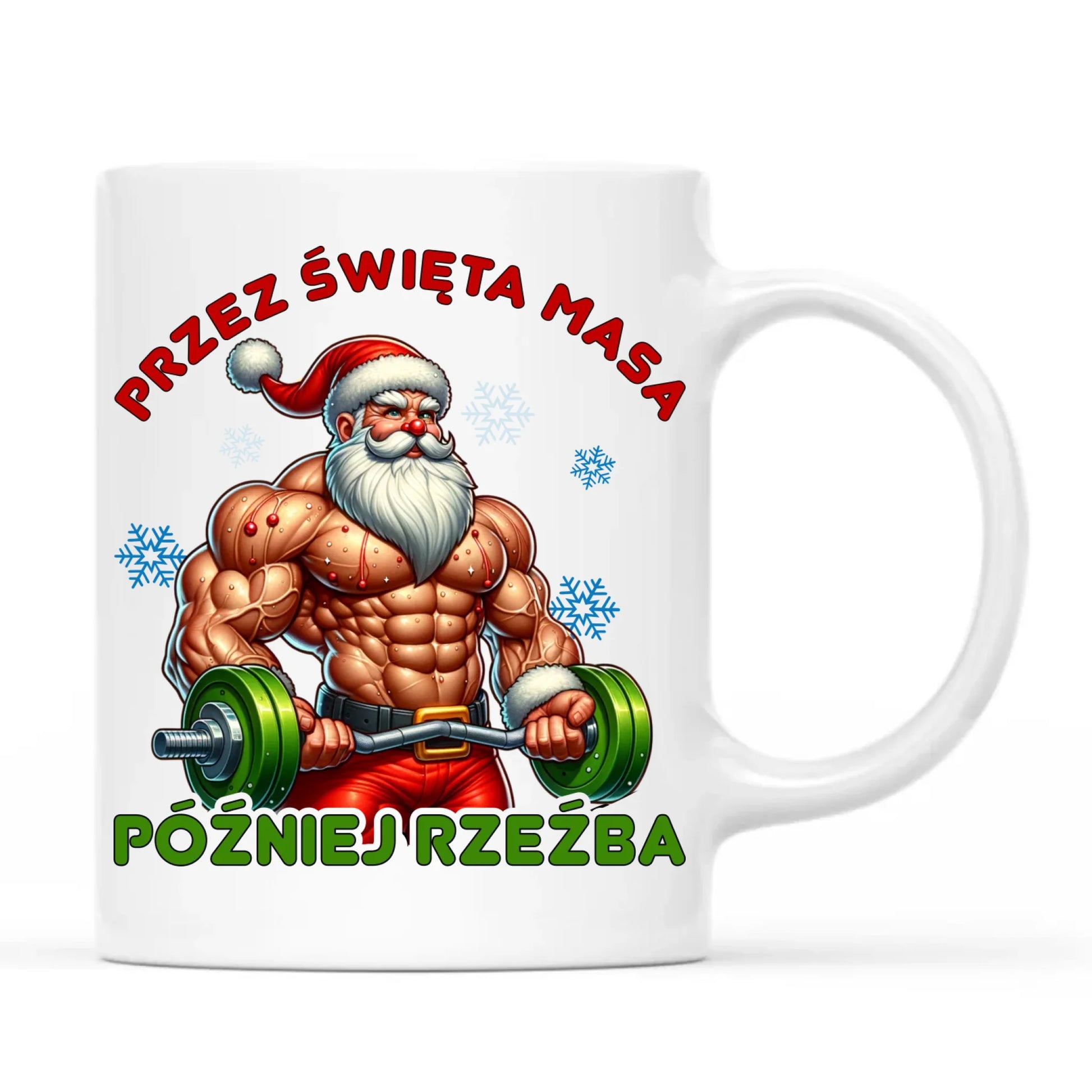 Kubek świąteczny - Mikołaj na siłowni - Przez święta masa, później rzeźba BN139 - StoryCups.pl
