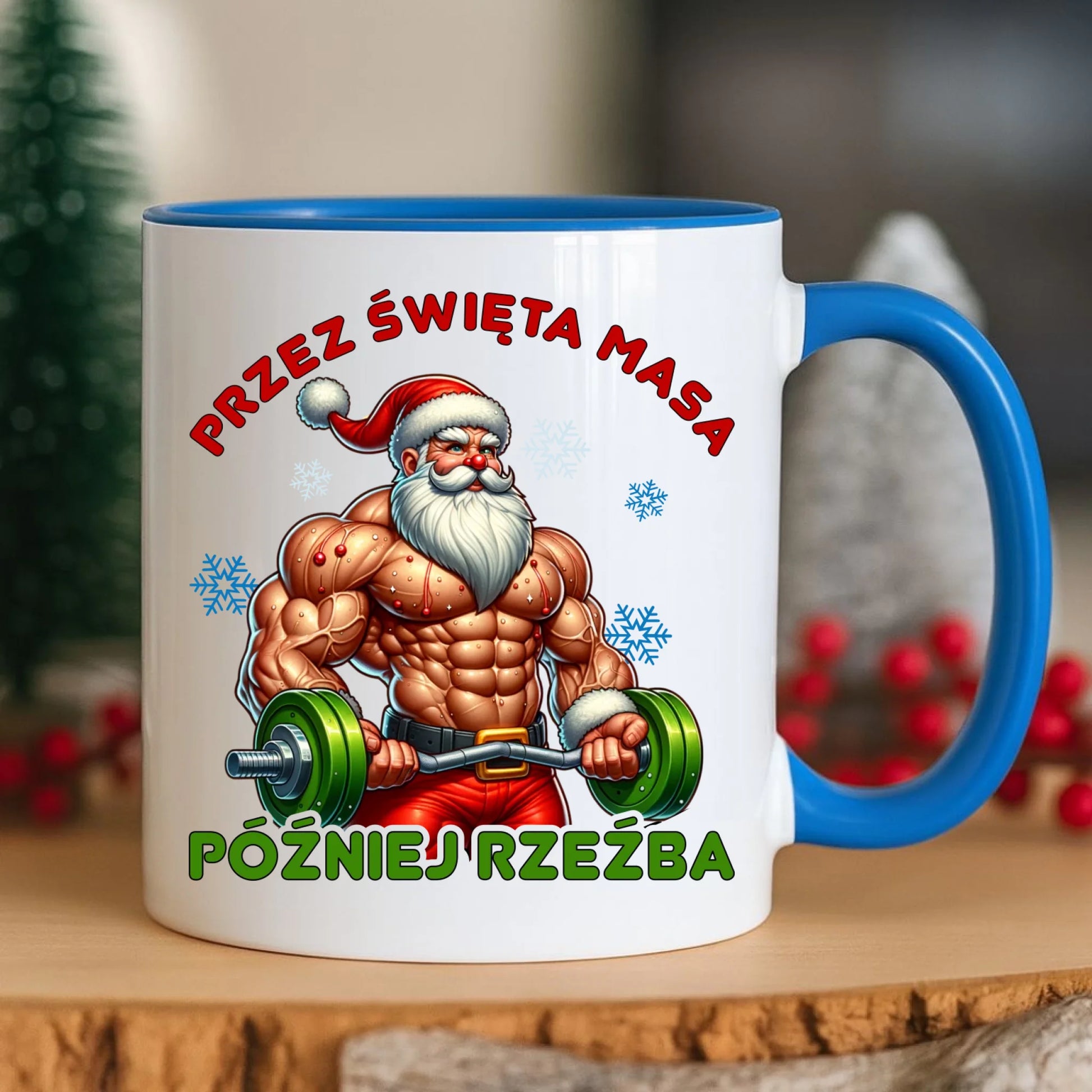 Kubek świąteczny - Mikołaj na siłowni - Przez święta masa, później rzeźba BN139 - StoryCups.pl