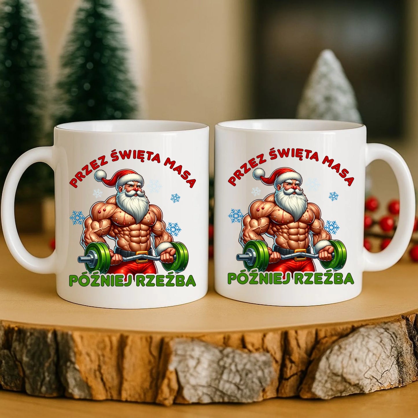 Kubek świąteczny - Mikołaj na siłowni - Przez święta masa, później rzeźba BN139 - StoryCups.pl