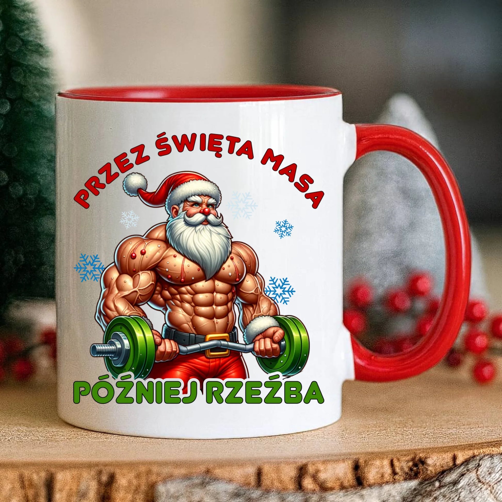Kubek świąteczny - Mikołaj na siłowni - Przez święta masa, później rzeźba BN139 - StoryCups.pl