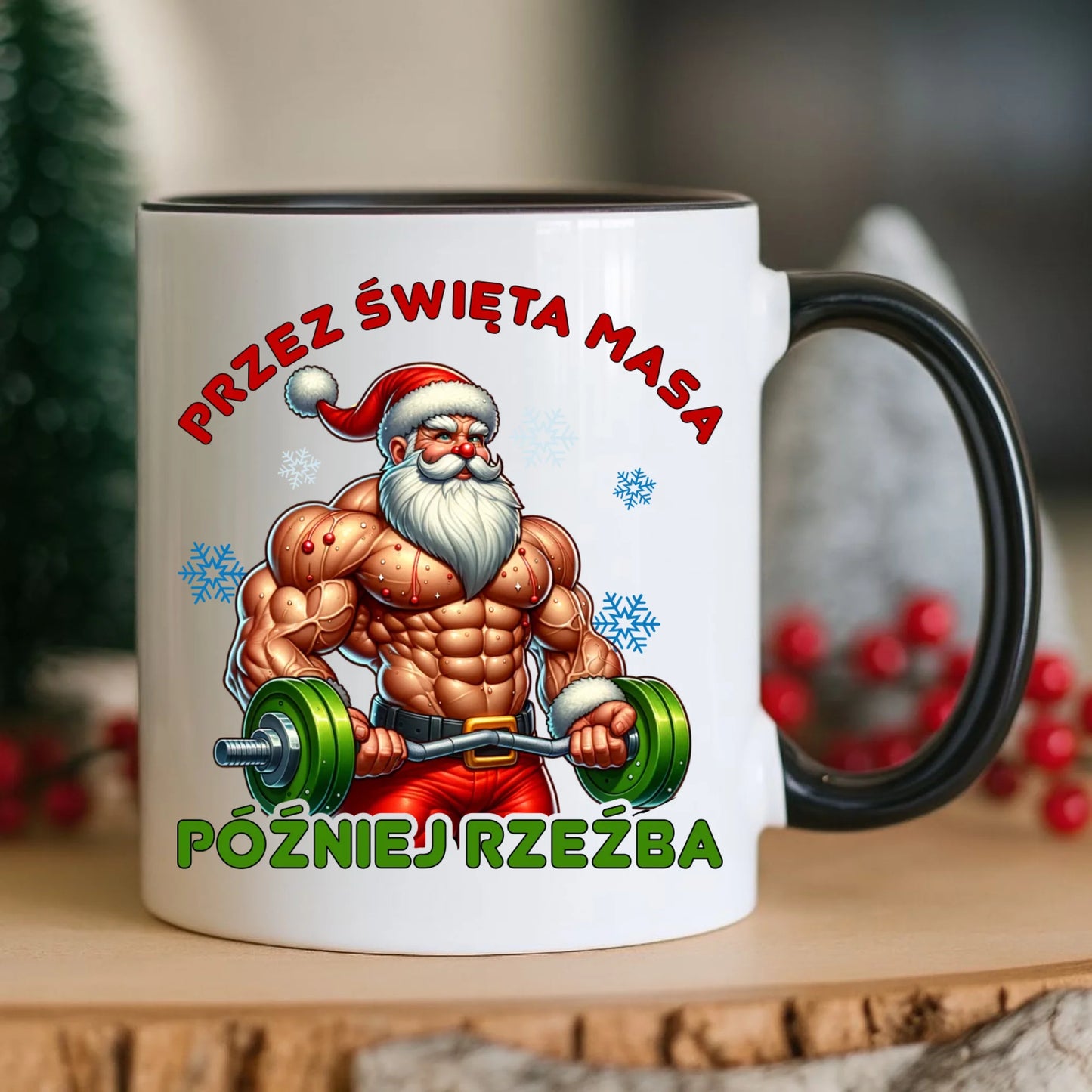 Kubek świąteczny - Mikołaj na siłowni - Przez święta masa, później rzeźba BN139 - StoryCups.pl
