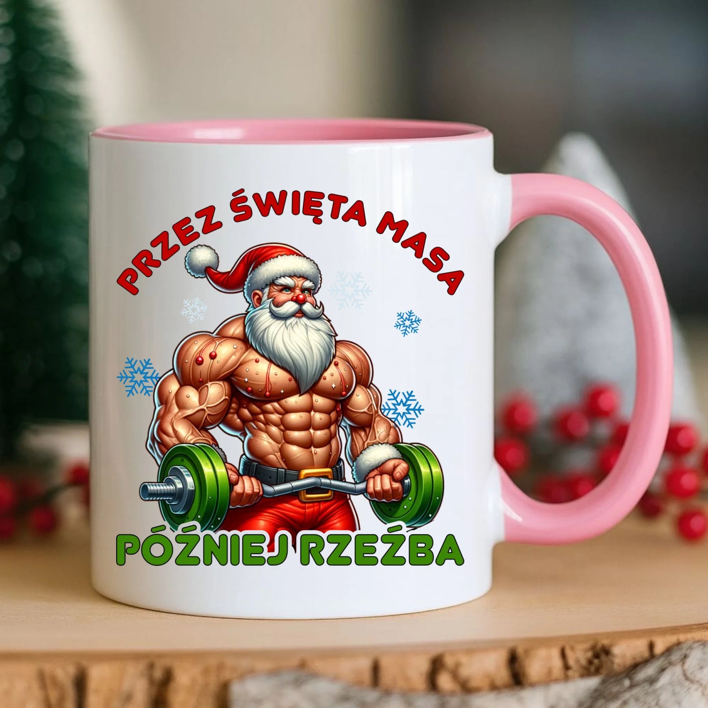 Kubek świąteczny - Mikołaj na siłowni - Przez święta masa, później rzeźba BN139 - StoryCups.pl