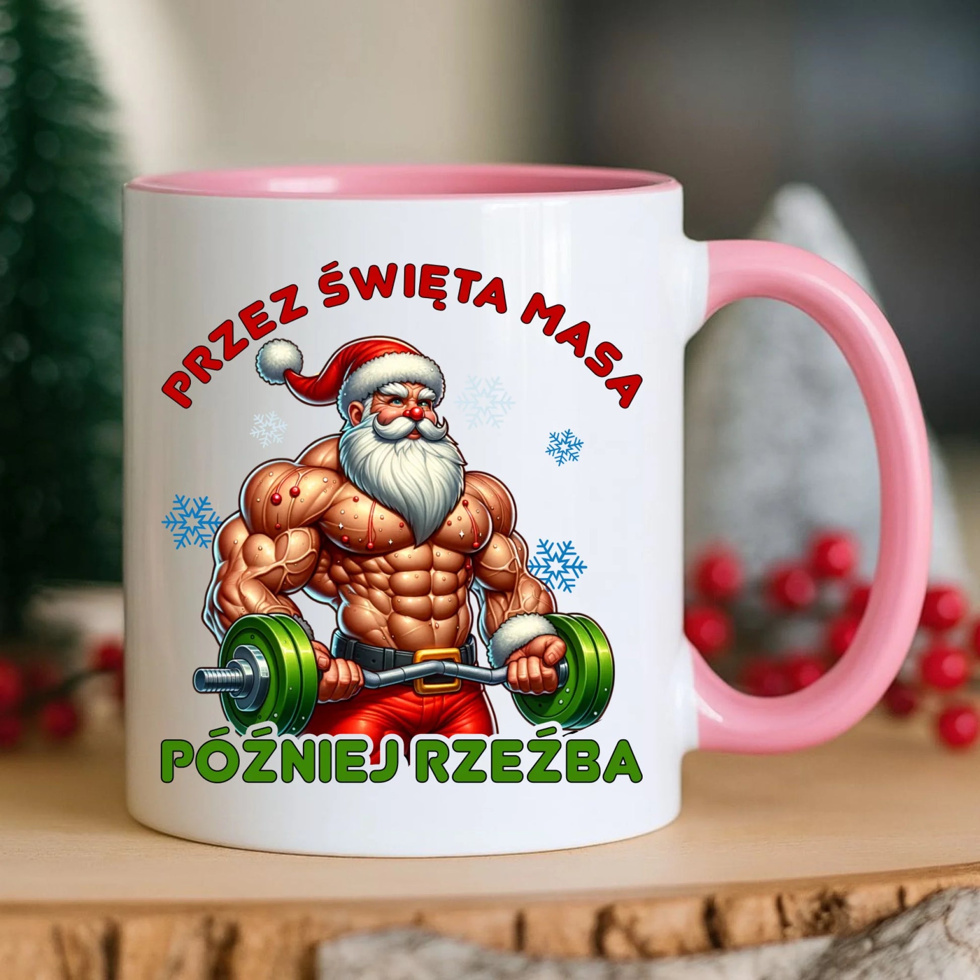 Kubek świąteczny - Mikołaj na siłowni - Przez święta masa, później rzeźba BN139 - StoryCups.pl