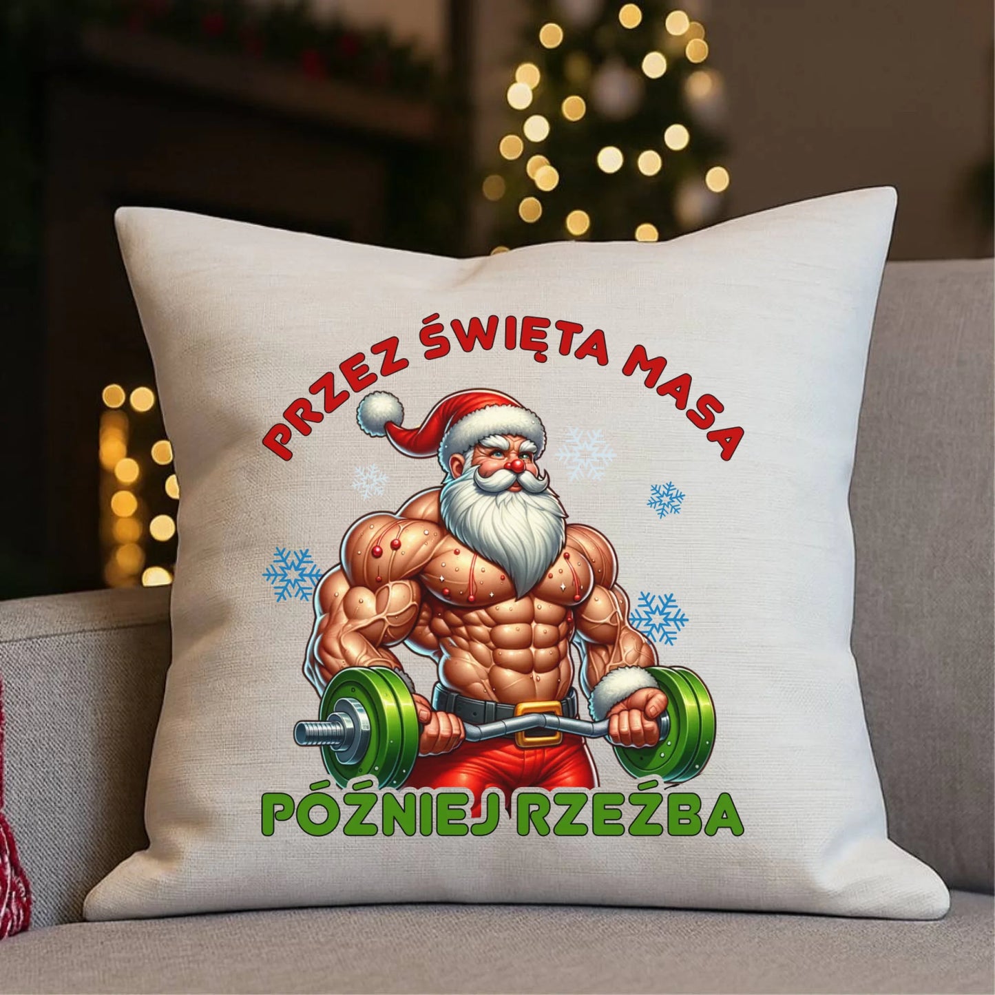 Poduszka świąteczna - Mikołaj na siłowni - Przez święta masa, później rzeźba BN139 - StoryCups.pl