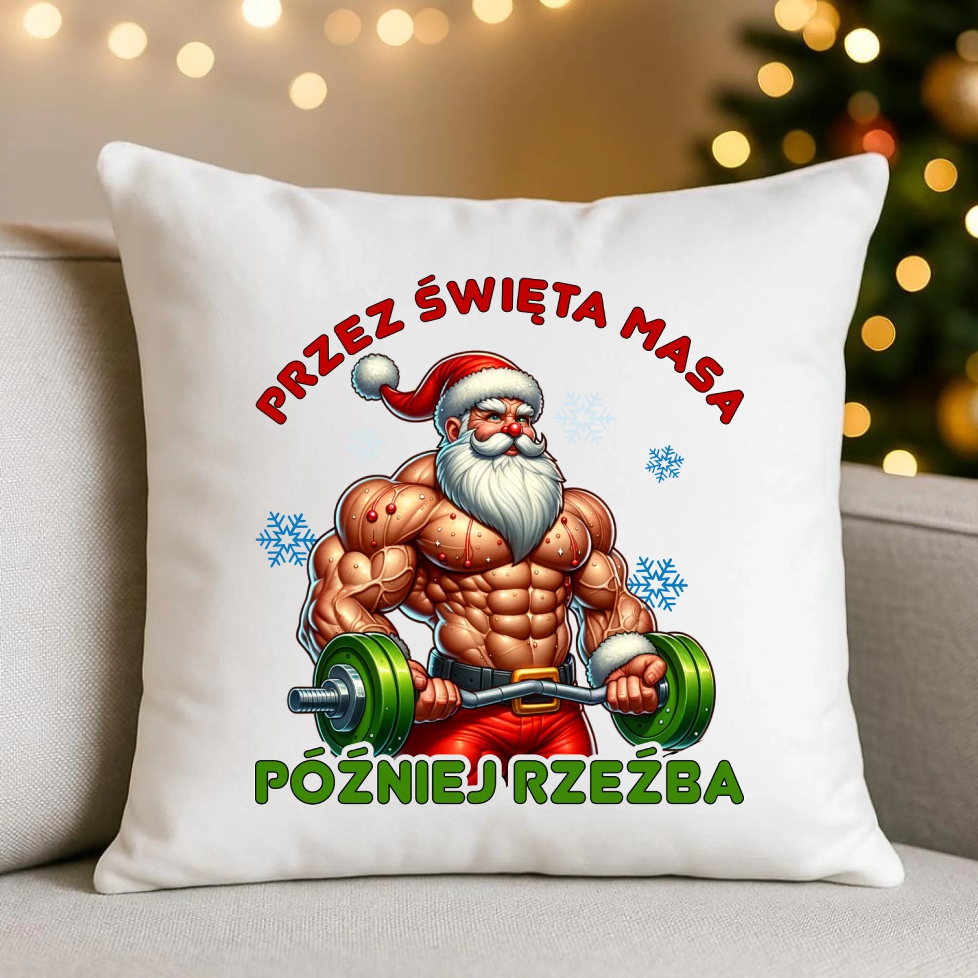 Poduszka świąteczna - Mikołaj na siłowni - Przez święta masa, później rzeźba BN139 - StoryCups.pl