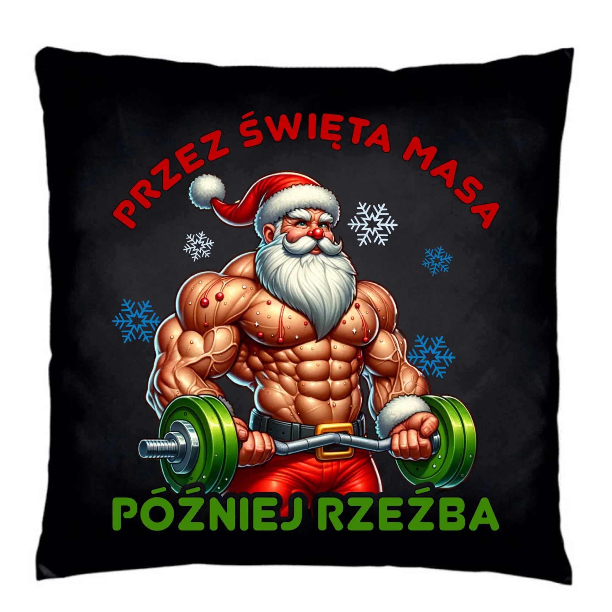 Poduszka dekoracyjna świąteczna - Mikołaj na siłowni - Przez święta masa, później rzeźba BN139 - StoryCups.pl