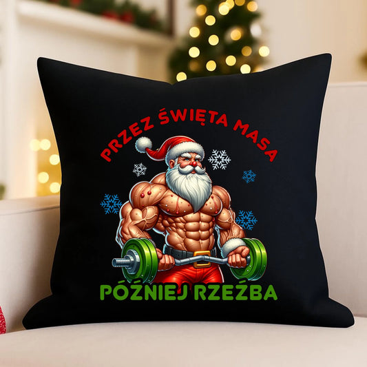 Poduszka dekoracyjna świąteczna - Mikołaj na siłowni - Przez święta masa, później rzeźba BN139 - StoryCups.pl