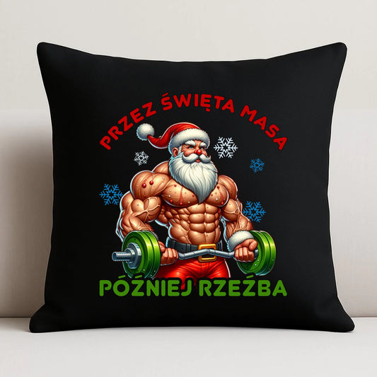Poduszka dekoracyjna świąteczna - Mikołaj na siłowni - Przez święta masa, później rzeźba BN139 - StoryCups.pl