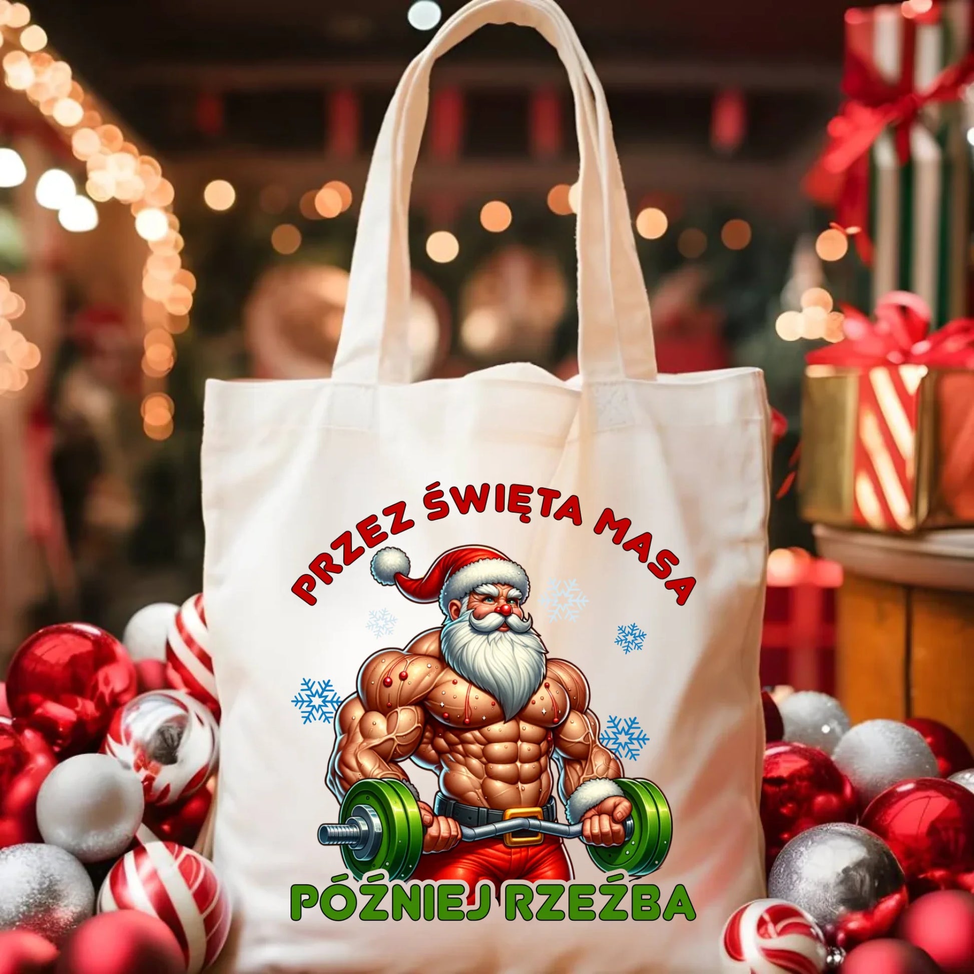 Torba świąteczna - Mikołaj na siłowni - Przez święta masa, później rzeźba BN139 - StoryCups.pl