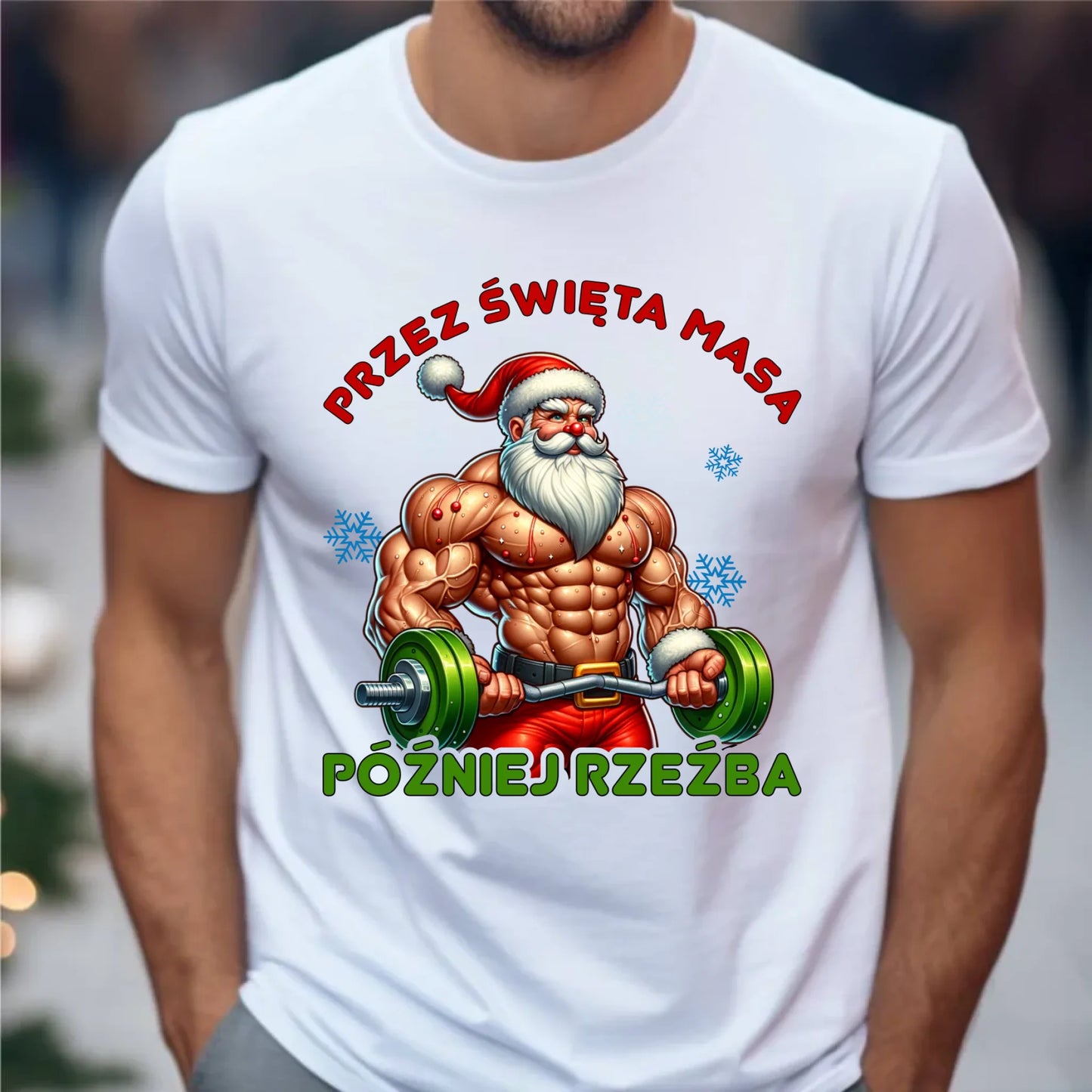 Koszulka męska świąteczna - Mikołaj na siłowni - Przez święta masa, później rzeźba BN139 - StoryCups.pl