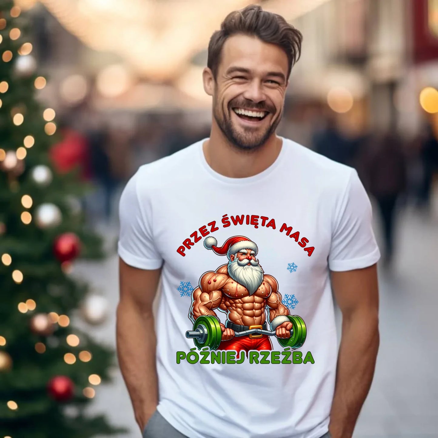 Koszulka męska świąteczna - Mikołaj na siłowni - Przez święta masa, później rzeźba BN139 - StoryCups.pl