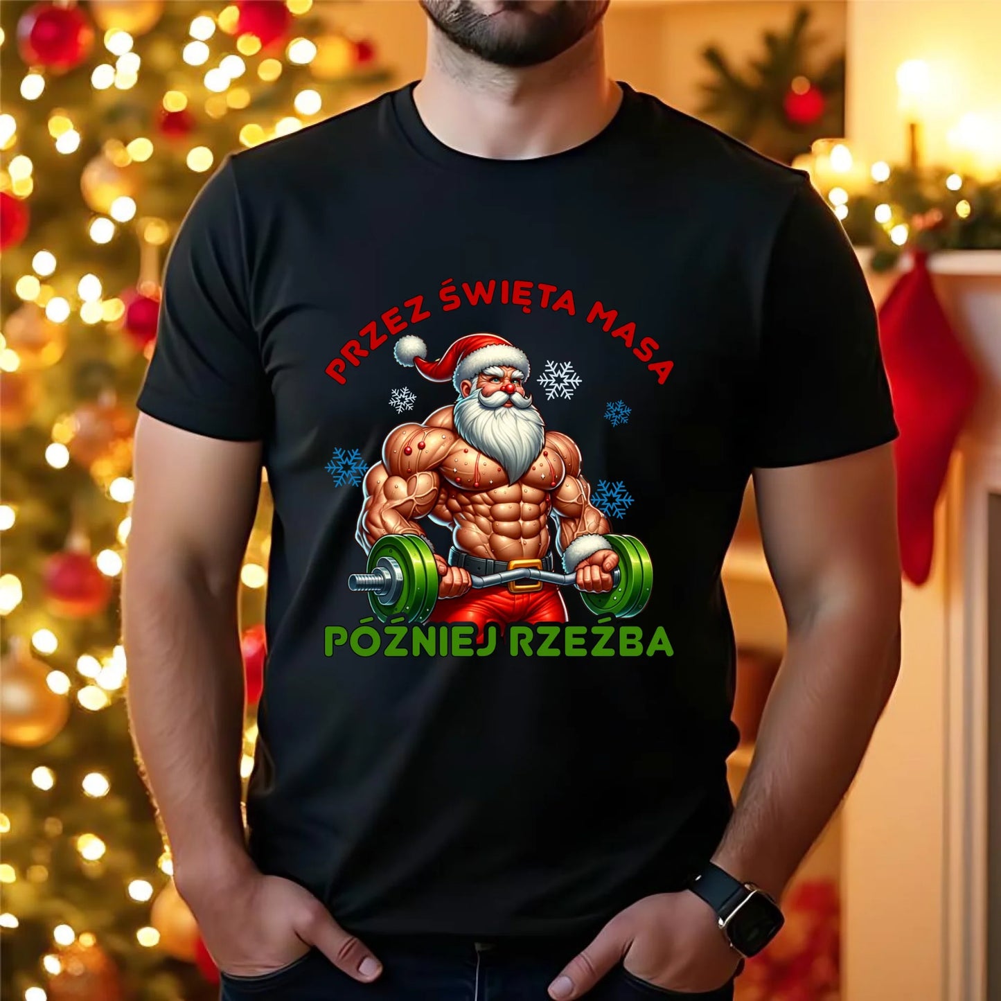 Koszulka męska świąteczna - Mikołaj na siłowni - Przez święta masa, później rzeźba BN139 - StoryCups.pl
