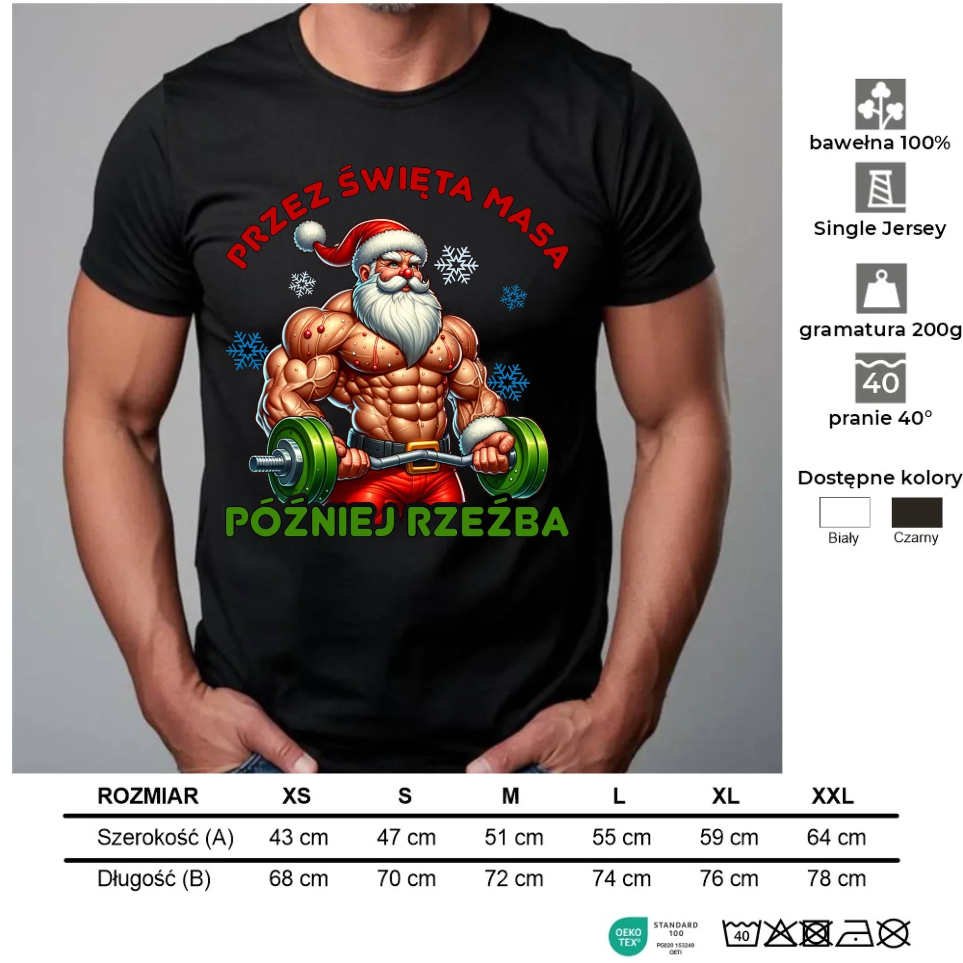 Koszulka męska świąteczna - Mikołaj na siłowni - Przez święta masa, później rzeźba BN139 - StoryCups.pl