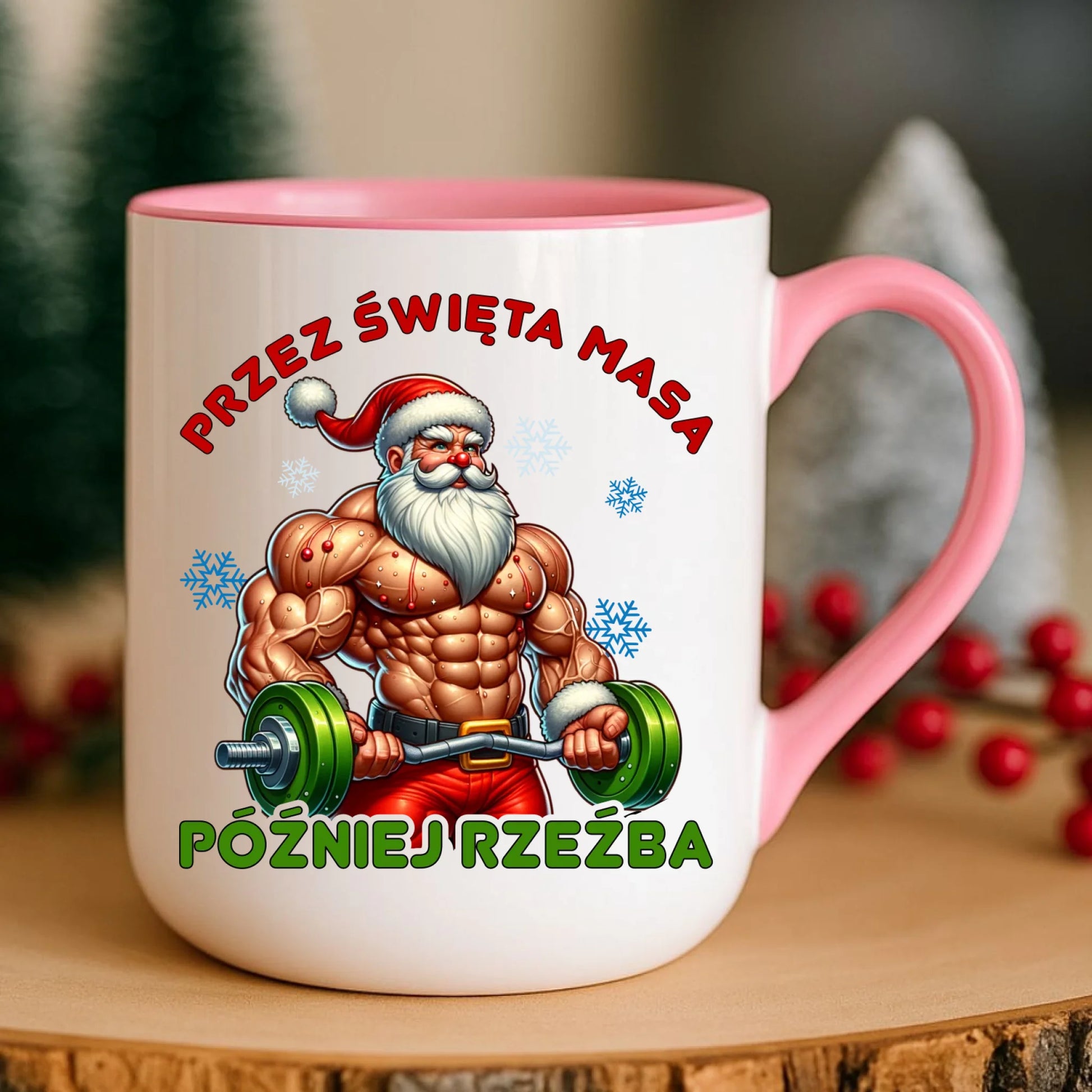 Kubek elegant świąteczny - Mikołaj na siłowni - Przez święta masa, później rzeźba BN139 - StoryCups.pl