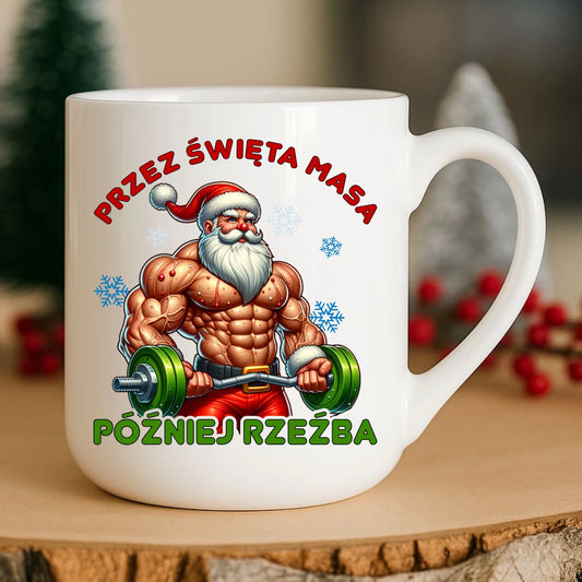 Kubek elegant świąteczny - Mikołaj na siłowni - Przez święta masa, później rzeźba BN139 - StoryCups.pl