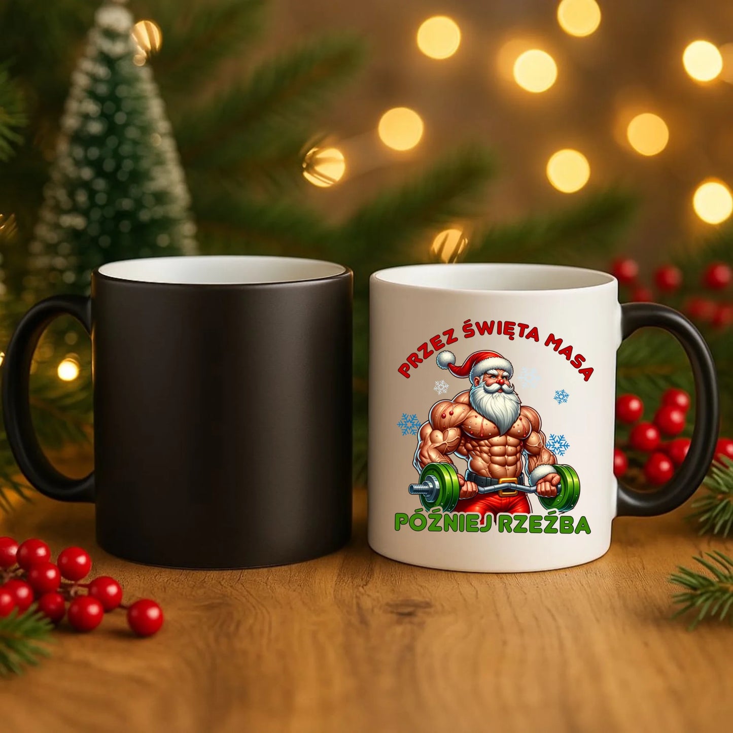 Kubek magiczny świąteczny - Mikołaj na siłowni - Przez święta masa, później rzeźba BN139 - StoryCups.pl