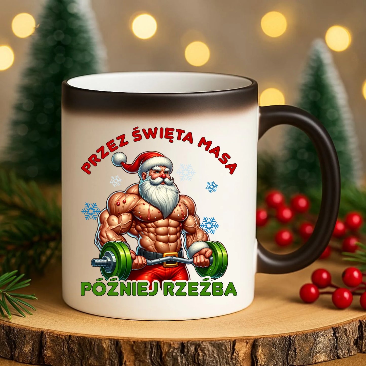 Kubek magiczny świąteczny - Mikołaj na siłowni - Przez święta masa, później rzeźba BN139 - StoryCups.pl