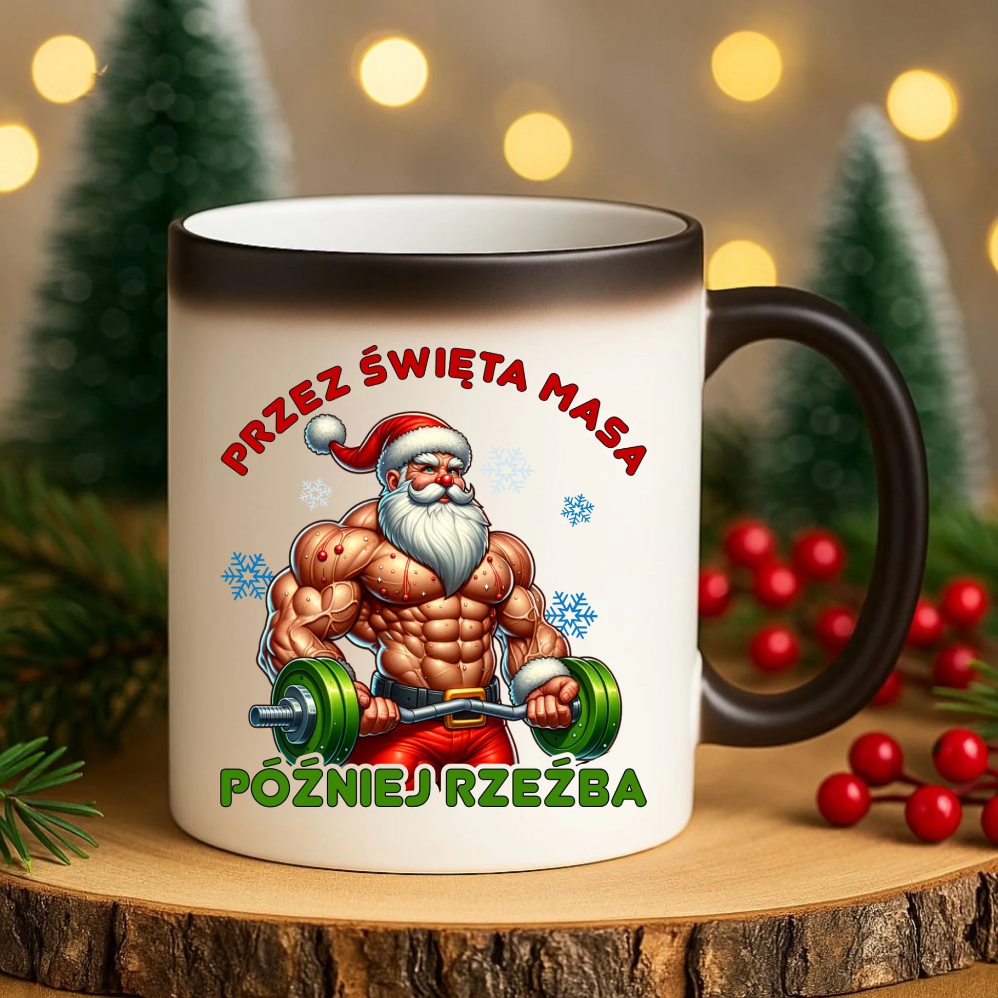 Kubek magiczny świąteczny - Mikołaj na siłowni - Przez święta masa, później rzeźba BN139 - StoryCups.pl