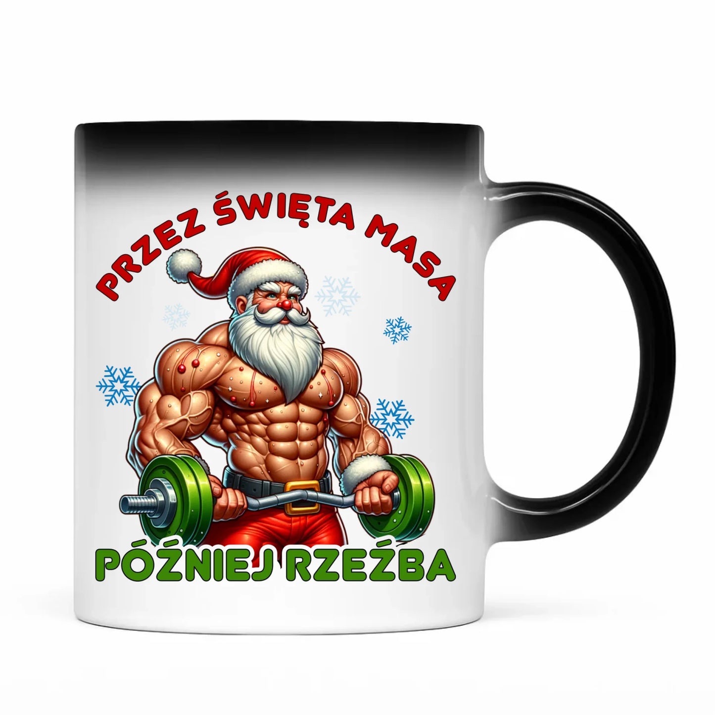 Kubek magiczny świąteczny - Mikołaj na siłowni - Przez święta masa, później rzeźba BN139 - StoryCups.pl
