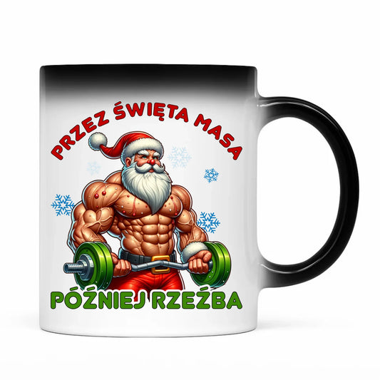 Kubek magiczny świąteczny - Mikołaj na siłowni - Przez święta masa, później rzeźba BN139 - StoryCups.pl
