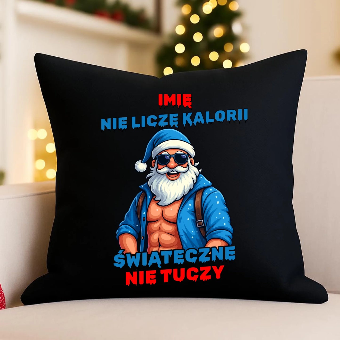 Poduszka dekoracyjna świąteczna z Mikołajem - Świąteczne nie tuczy - personalizowana BN118 - StoryCups.pl
