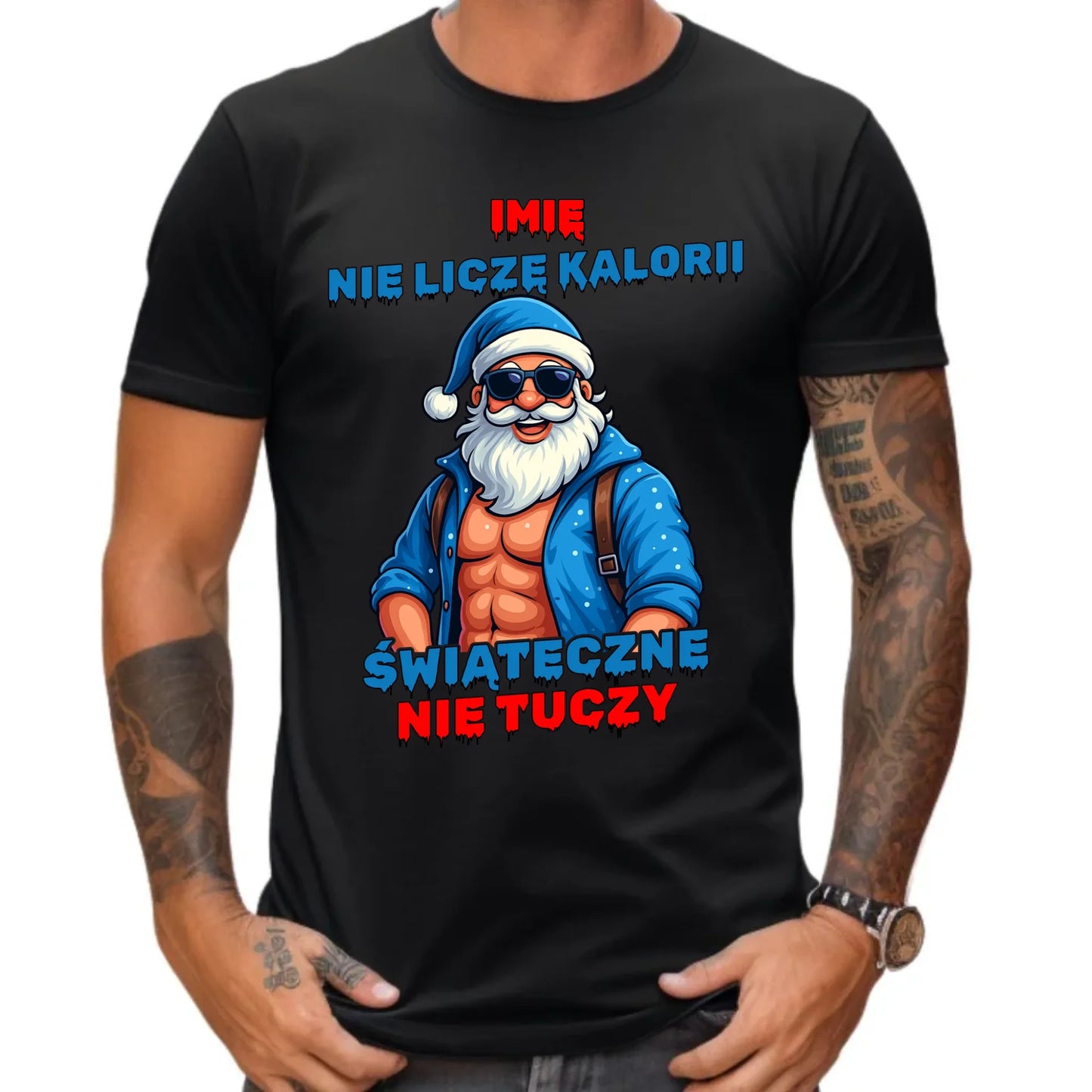 Koszulka męska świąteczna z Mikołajem - Świąteczne nie tuczy - personalizowana BN118 - StoryCups.pl