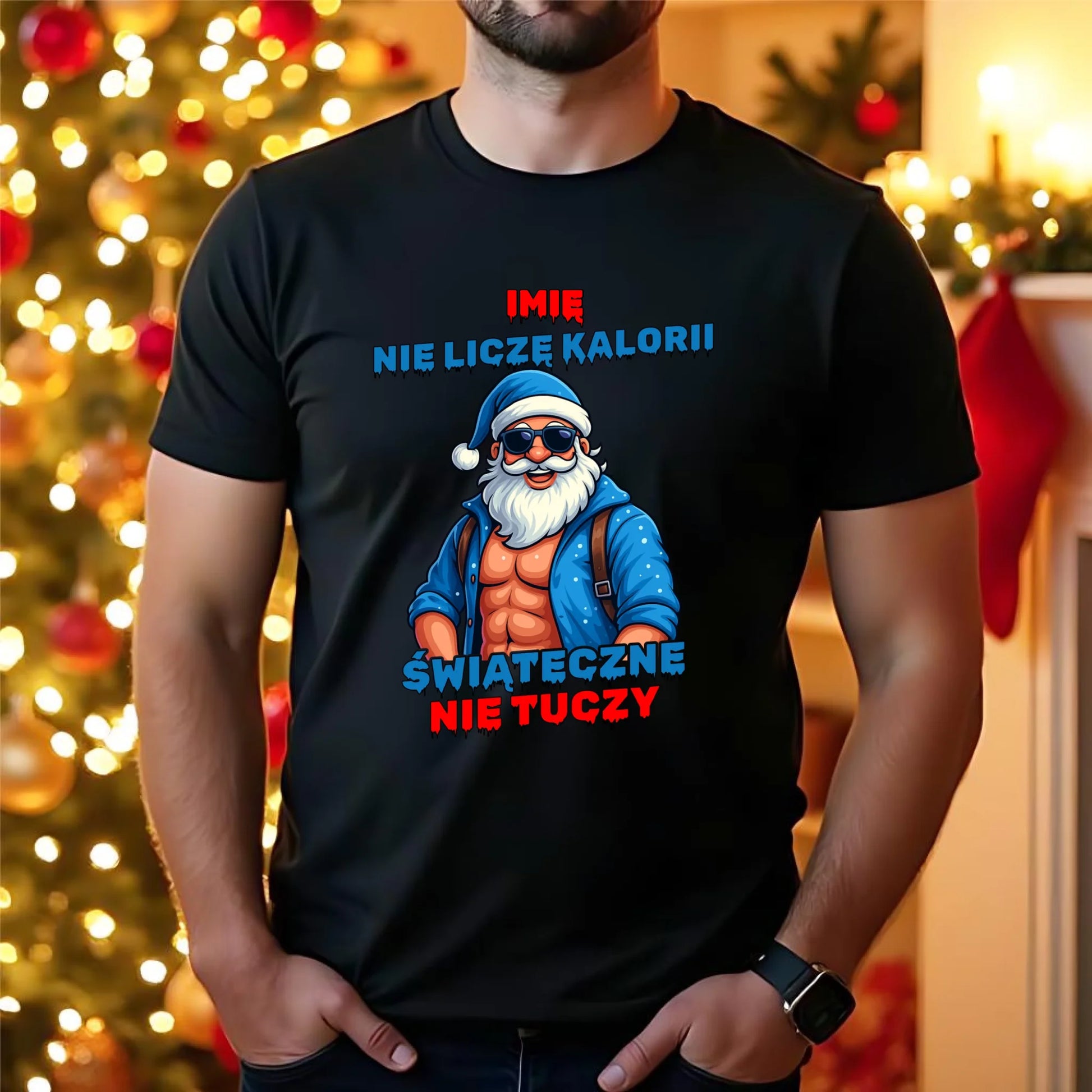 Koszulka męska świąteczna z Mikołajem - Świąteczne nie tuczy - personalizowana BN118 - StoryCups.pl