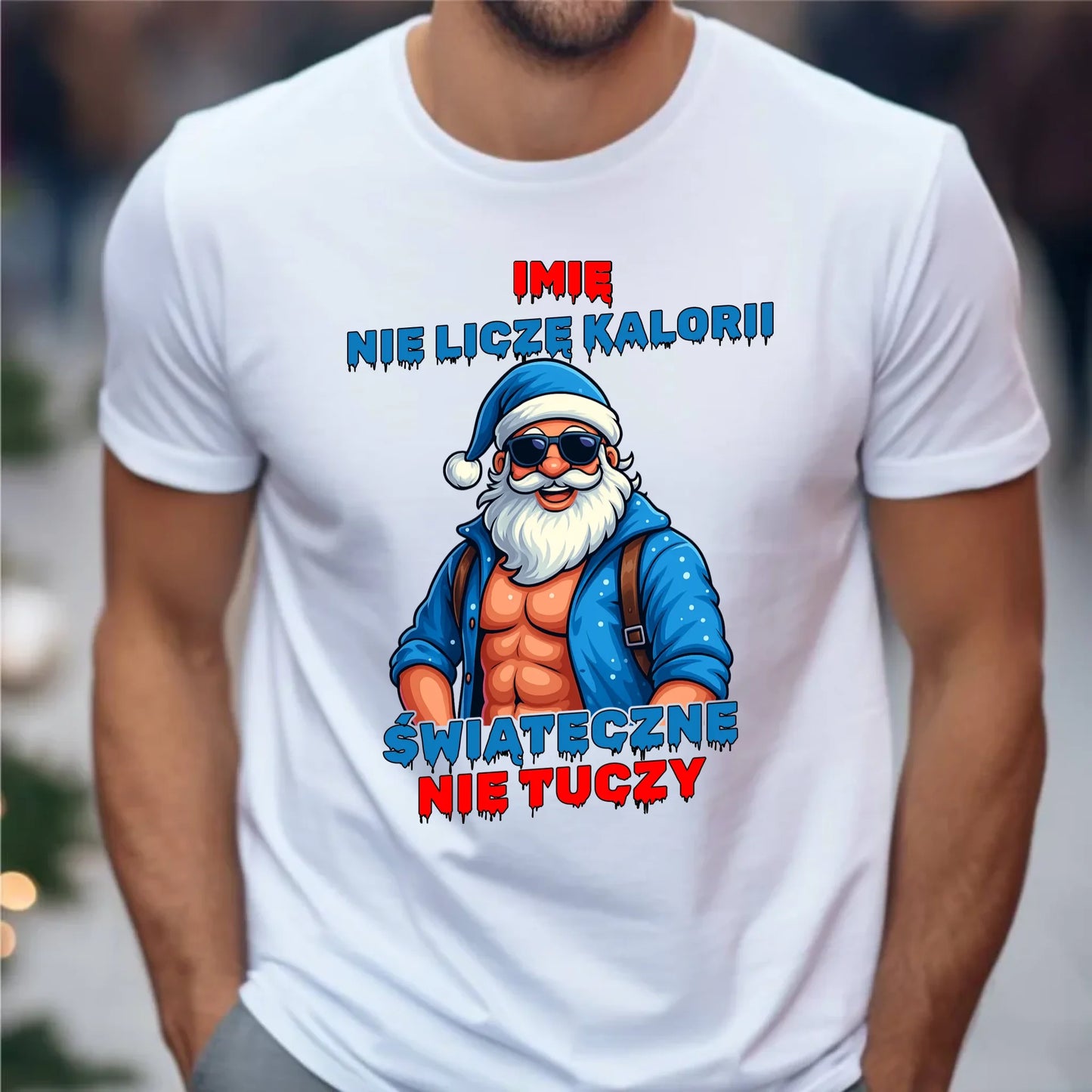 Koszulka męska świąteczna z Mikołajem - Świąteczne nie tuczy - personalizowana BN118 - StoryCups.pl