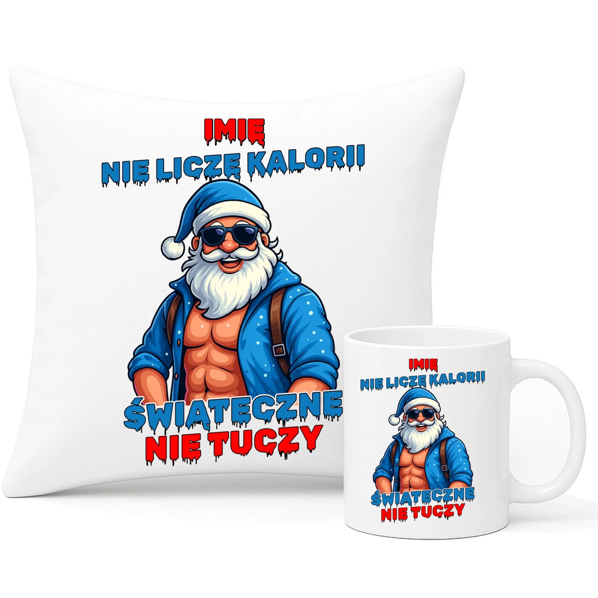 Zestaw poduszka i kubek świąteczny z Mikołajem - Świąteczne nie tuczy - personalizowany BN118 - StoryCups.pl