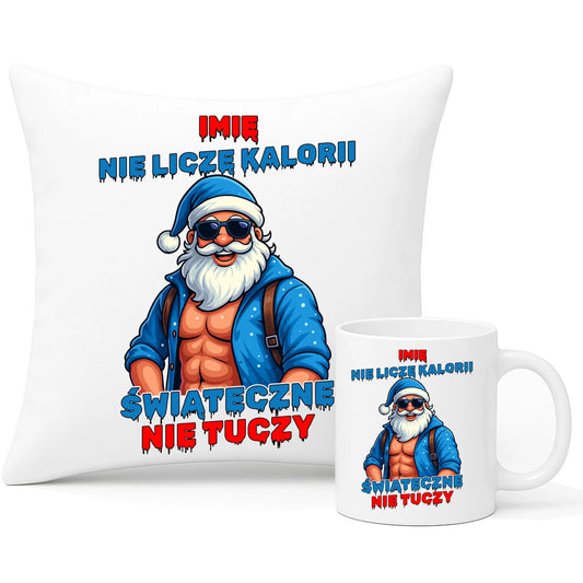 Zestaw poduszka i kubek świąteczny z Mikołajem - Świąteczne nie tuczy - personalizowany BN118 - StoryCups.pl