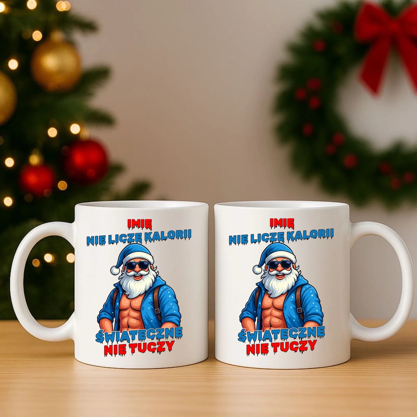 Zestaw poduszka i kubek świąteczny z Mikołajem - Świąteczne nie tuczy - personalizowany BN118 - StoryCups.pl