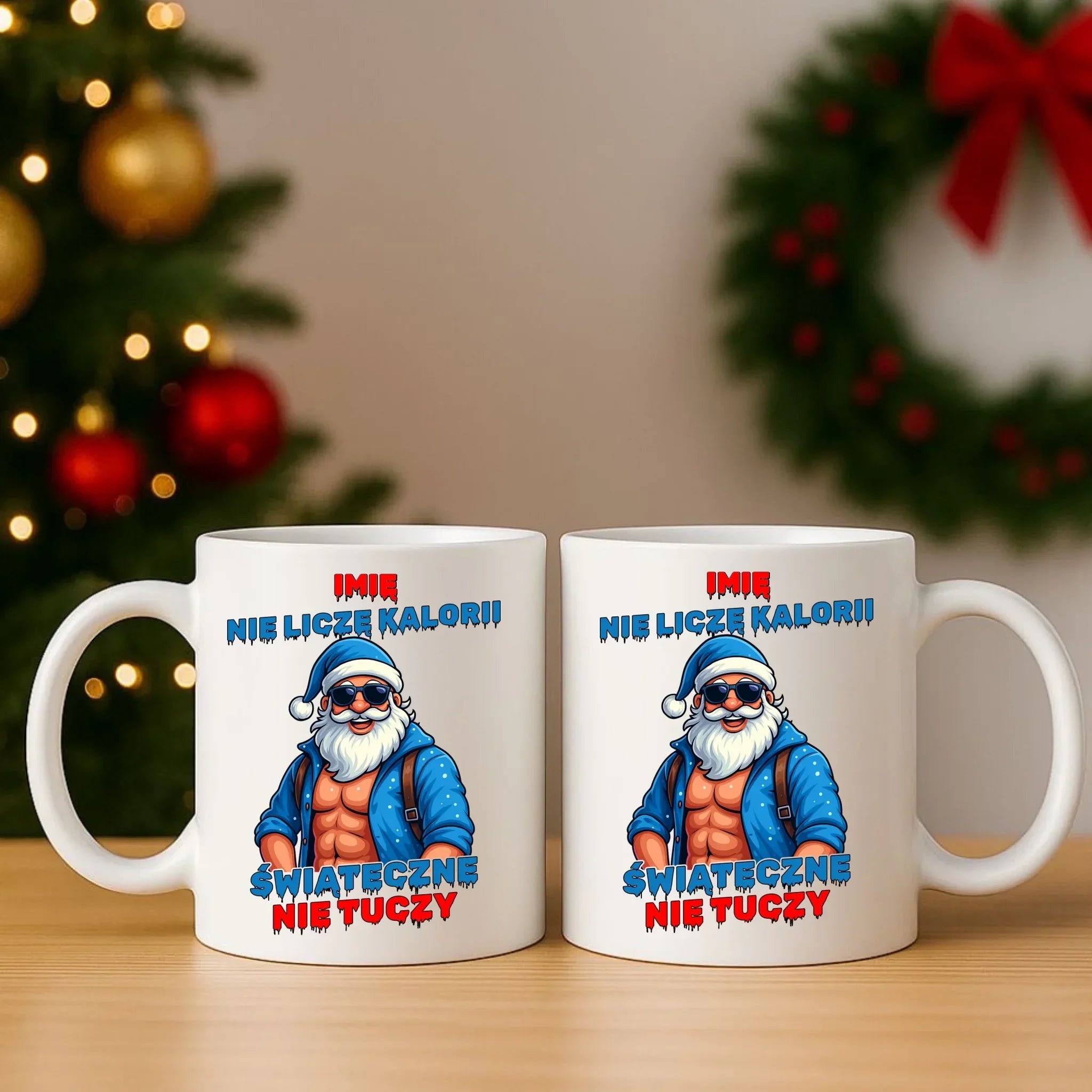 Zestaw poduszka i kubek świąteczny z Mikołajem - Świąteczne nie tuczy - personalizowany BN118 - StoryCups.pl