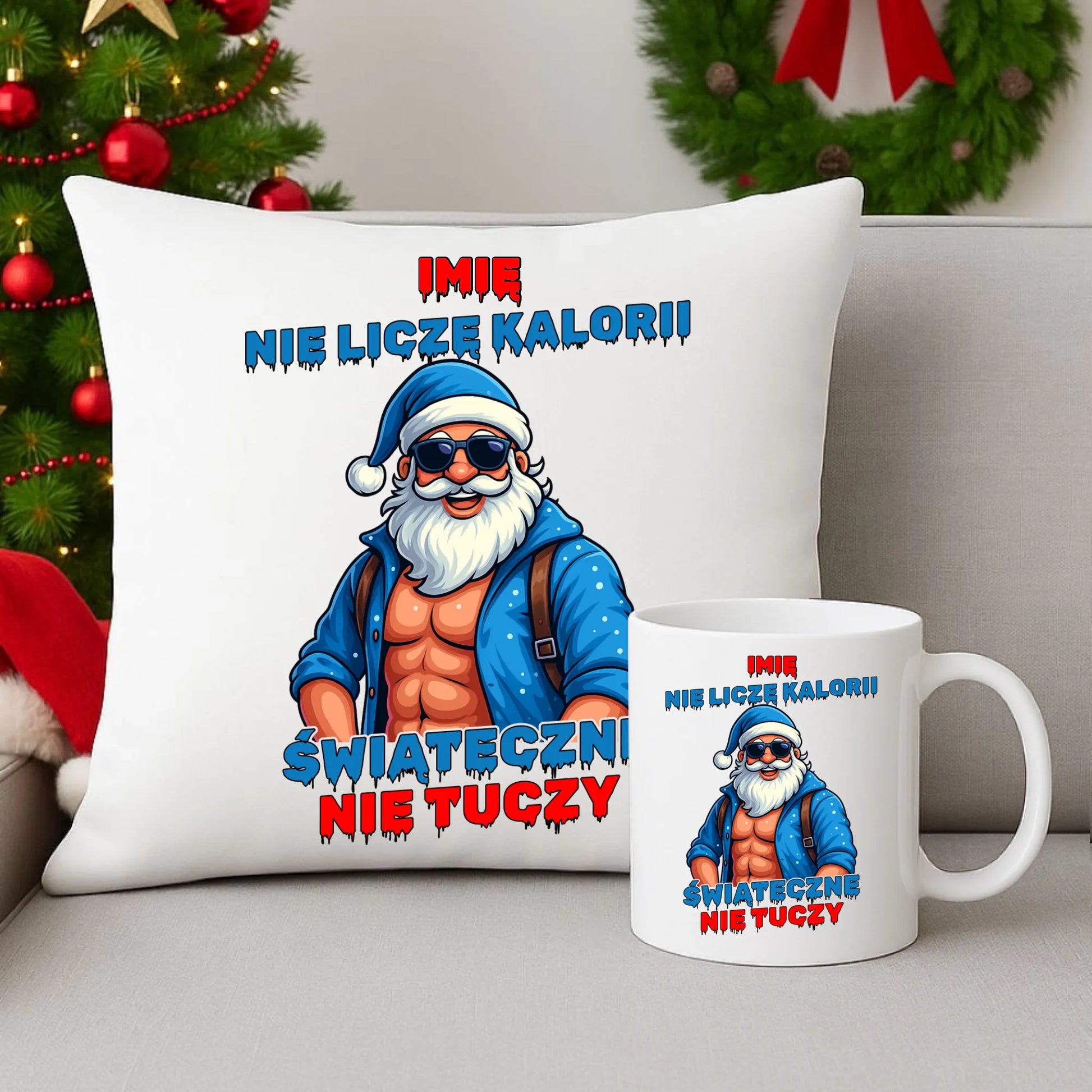 Zestaw poduszka i kubek świąteczny z Mikołajem - Świąteczne nie tuczy - personalizowany BN118 - StoryCups.pl
