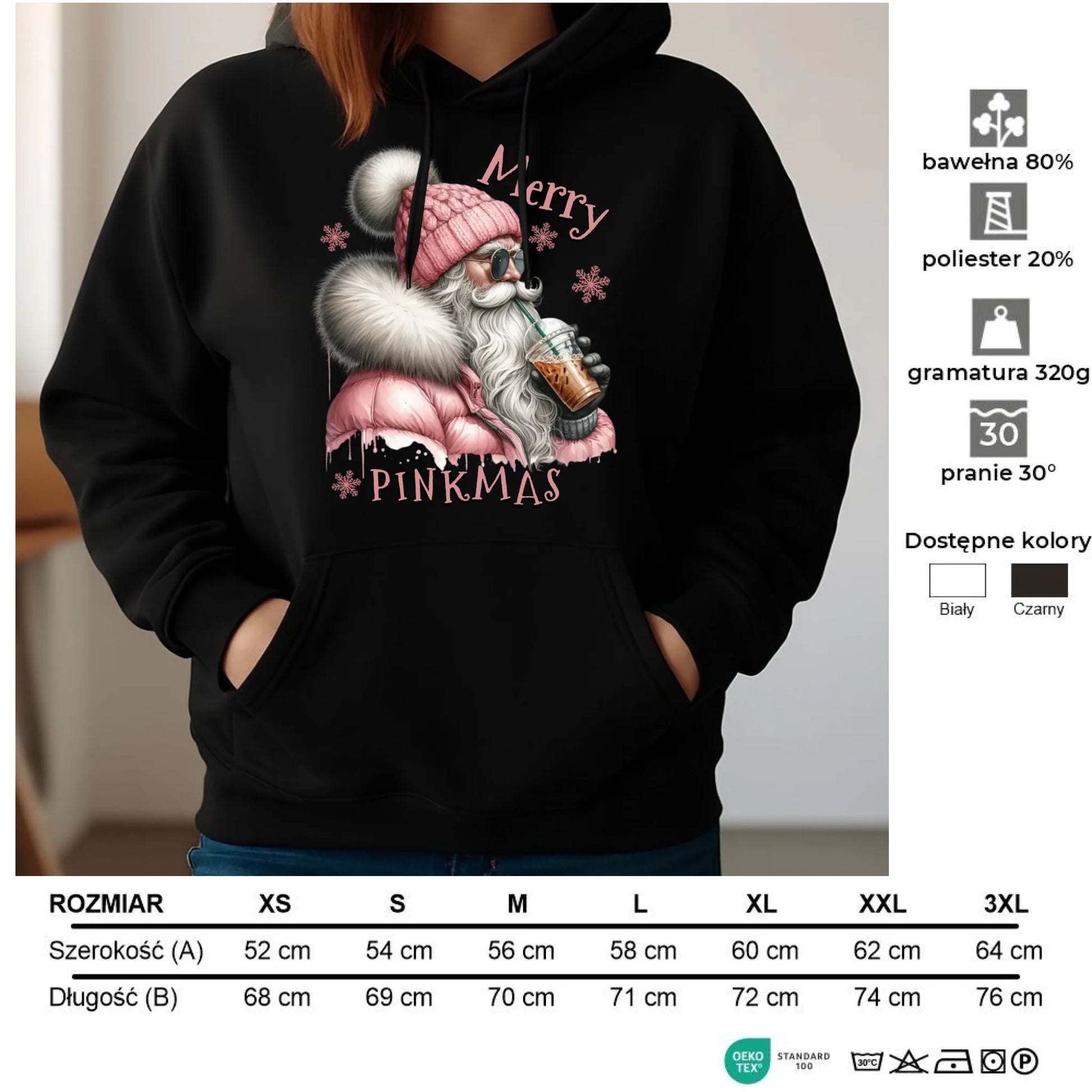 Bluza damska z kapturem świąteczna - Różowe Święta - Merry pinkmas BN117 - StoryCups.pl