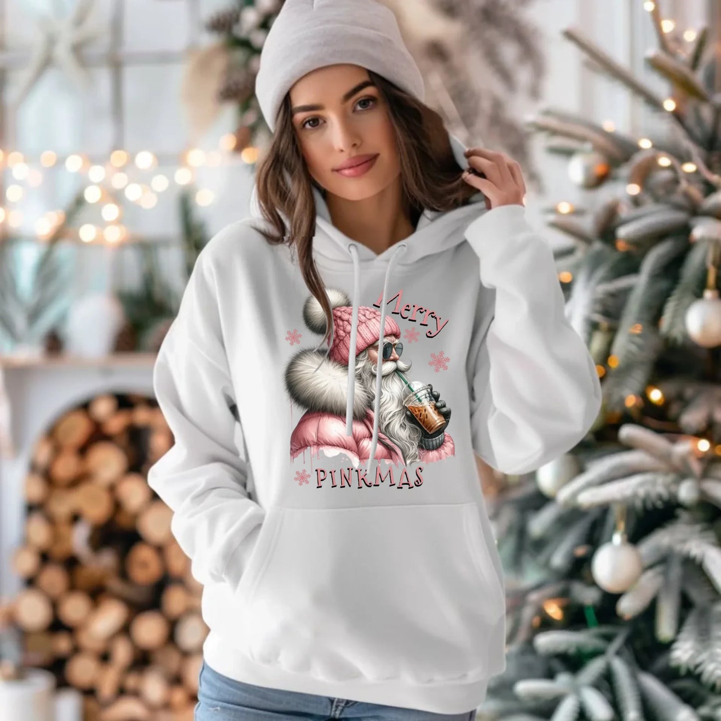 Bluza damska z kapturem świąteczna - Różowe Święta - Merry pinkmas BN117 - StoryCups.pl