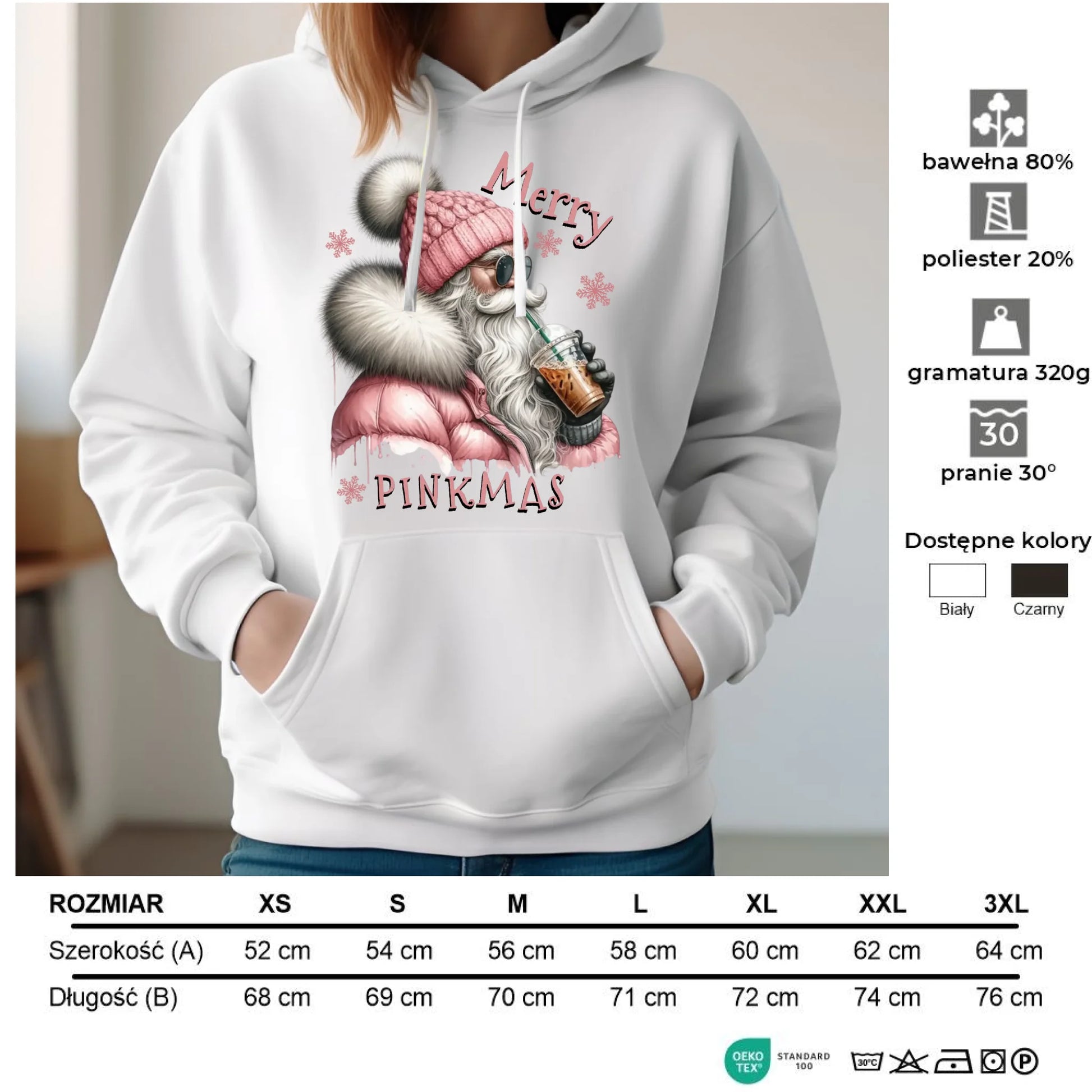 Bluza damska z kapturem świąteczna - Różowe Święta - Merry pinkmas BN117 - StoryCups.pl