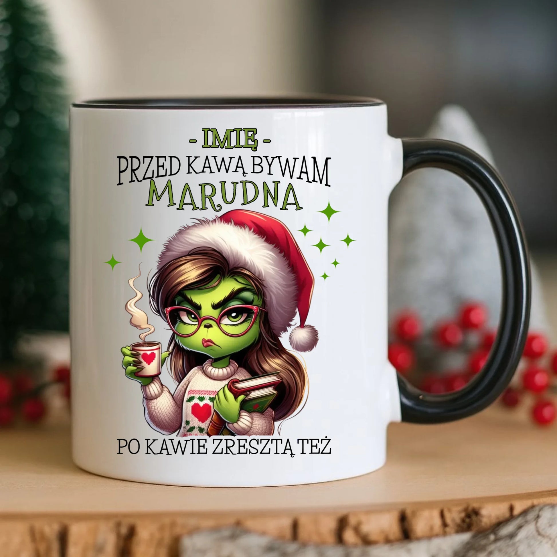 Kubek świąteczny - Grinch - Przed kawą bywam marudna - personalizowany BN116 - StoryCups.pl