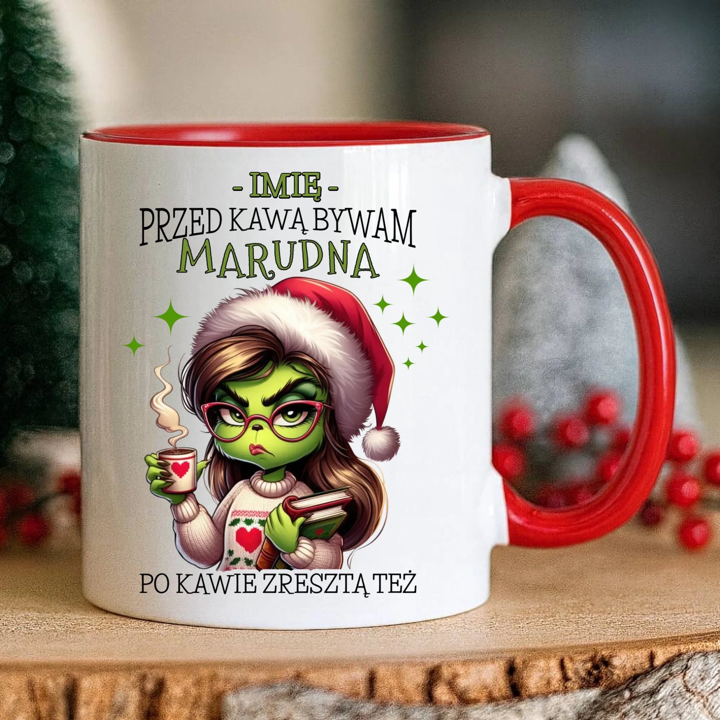 Kubek świąteczny - Grinch - Przed kawą bywam marudna - personalizowany BN116 - StoryCups.pl